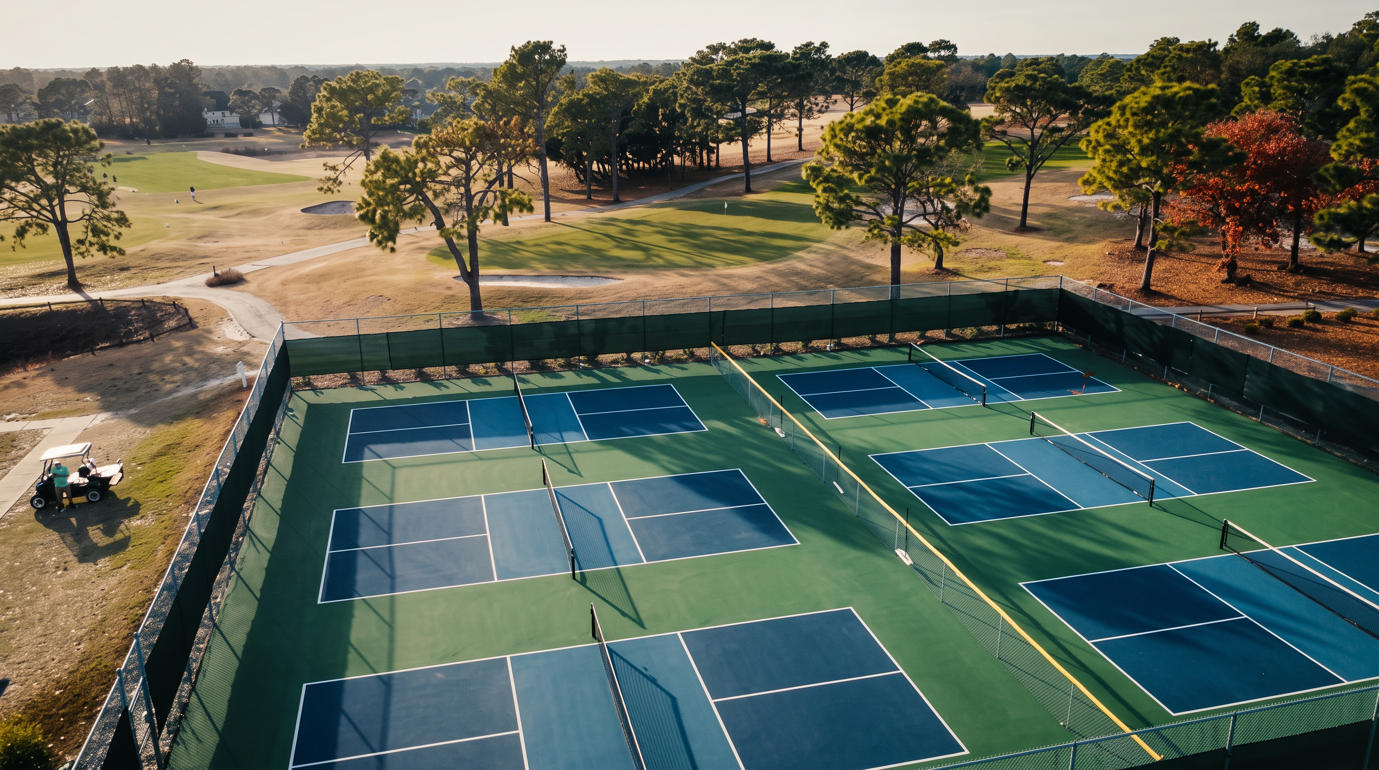 This aerial view features a well-maintained complex of pickleball courts with a distinctive green and blue color scheme, enclosed by protective fencing. Located adjacent to a scenic golf course with mature trees and open fairways, the area provides an inviting recreational space. The setting offers a peaceful outdoor atmosphere perfect for active community living.