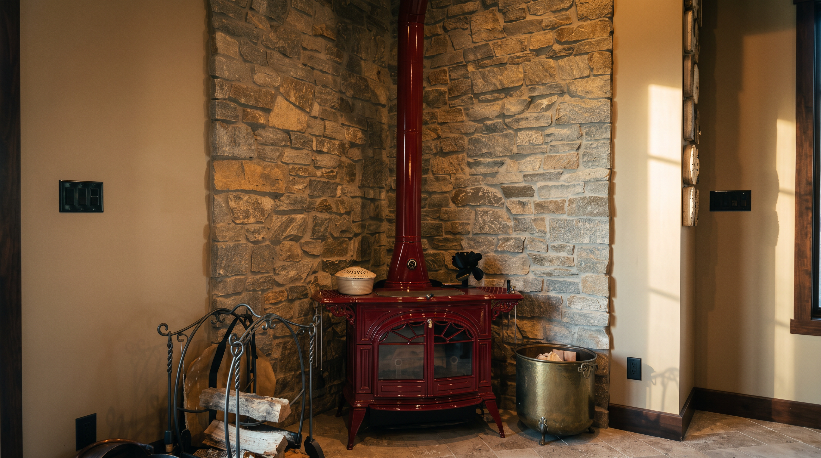This interior space features a striking red cast-iron wood-burning stove positioned in a corner against a tall, textured stone-clad chimney breast. The room is finished with light-toned stone tile flooring and includes a decorative metal log holder and a brass bucket for firewood. The perspective captures the cozy, rustic focal point of the room, highlighting the contrast between the vibrant stove and the neutral stone backdrop.