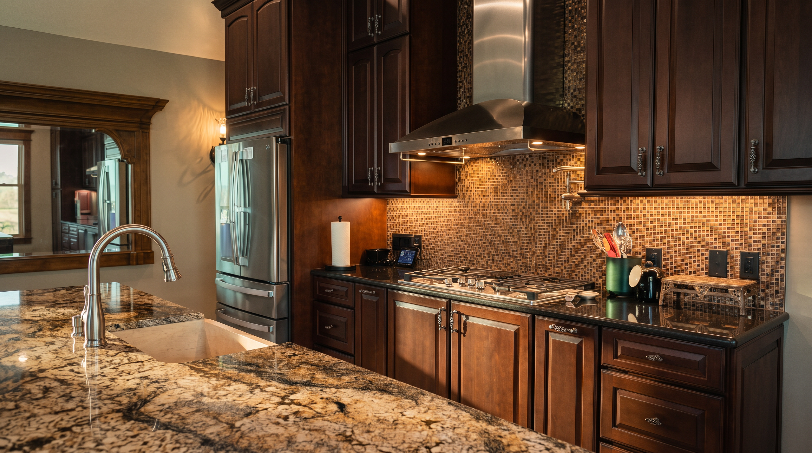 This kitchen features dark wood cabinetry, a stainless steel range hood, and a gas cooktop set into a stone countertop. A mosaic tile backsplash adds texture, while a large island with a stone surface provides ample workspace. The perspective captures the functional layout of the cooking area, highlighting the high-end appliances and rich cabinetry tones.