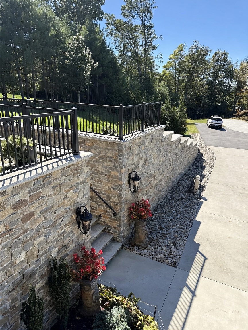 This elevated view captures a tiered stone retaining wall that separates a raised deck area from a lower concrete driveway. The scene features black metal railings, decorative wall-mounted lanterns, and potted plants that add a touch of greenery to the structured masonry. The perspective highlights the transition between the outdoor living space and the surrounding landscape, emphasizing the home's well-maintained exterior architecture.