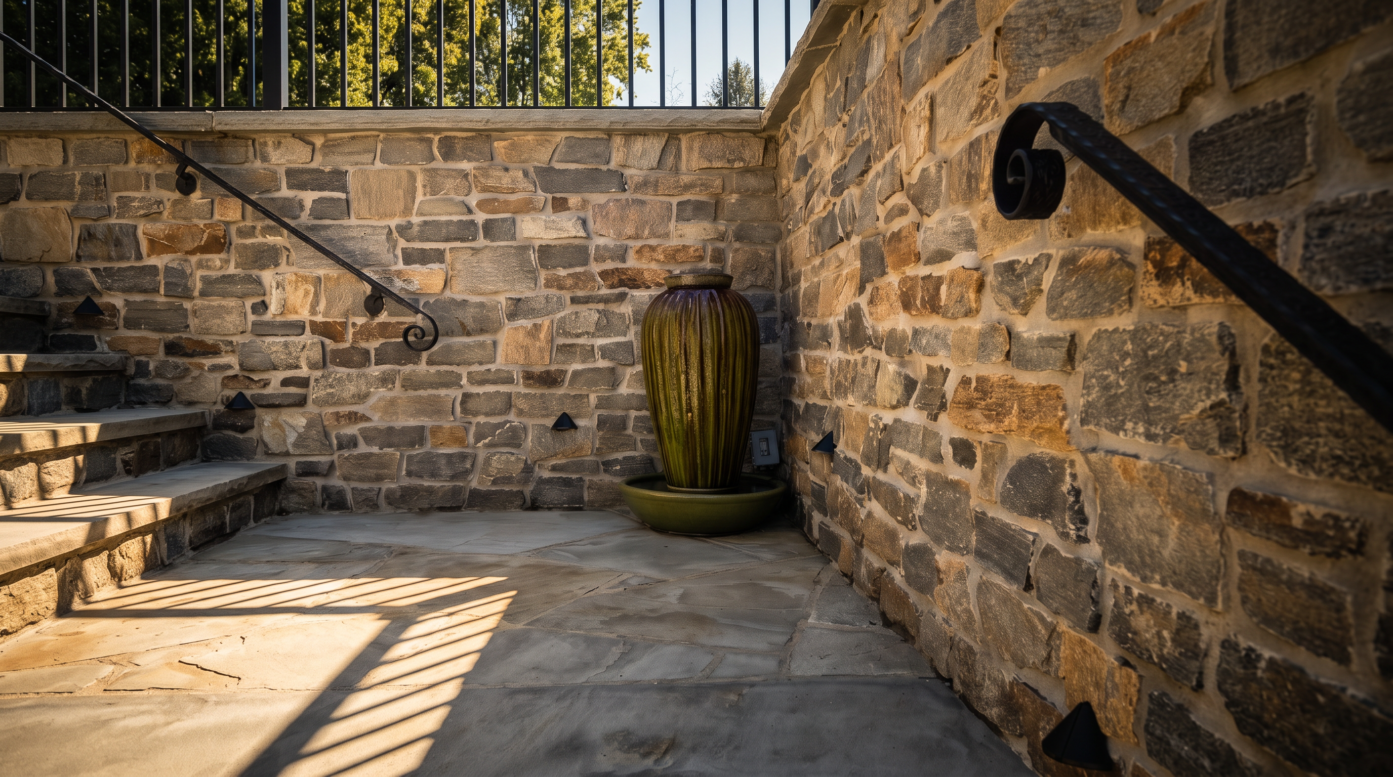 This outdoor space features a stone-paved landing area framed by rustic, multi-toned stone walls and black metal railings. A decorative, ribbed green ceramic water fountain sits in the corner, accented by small, low-profile landscape lights mounted on the stone walls. The perspective is a low-angle, eye-level shot that emphasizes the textured masonry and the inviting, tranquil atmosphere of the patio.