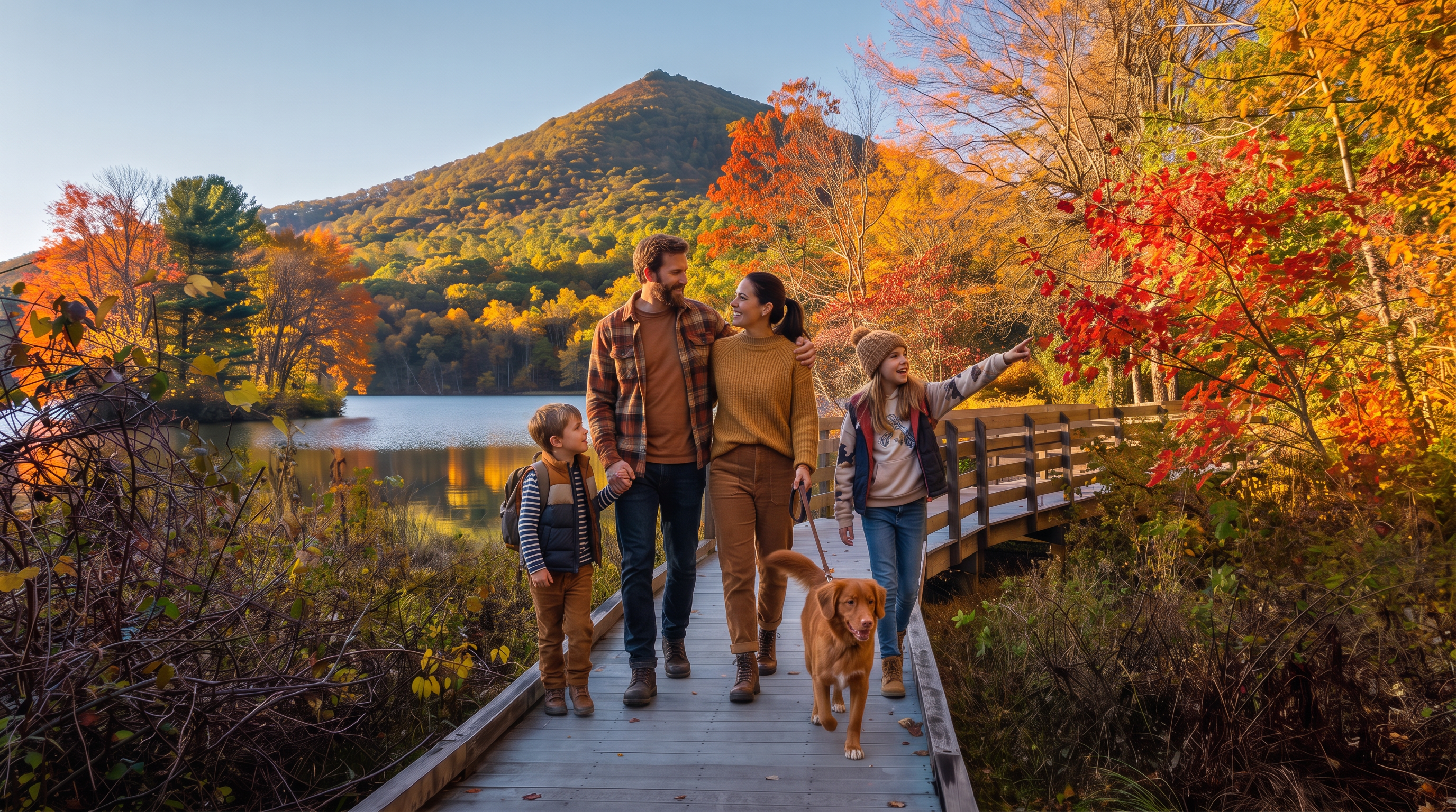 This image features a scenic wooden boardwalk path leading towards a tranquil lake set against a backdrop of mountains in autumn. The vibrant fall foliage and calm water create a picturesque and serene atmosphere, suggesting a desirable outdoor recreational space within a community setting. This setting enhances the appeal of a property by highlighting access to nature and peaceful park-like environments.