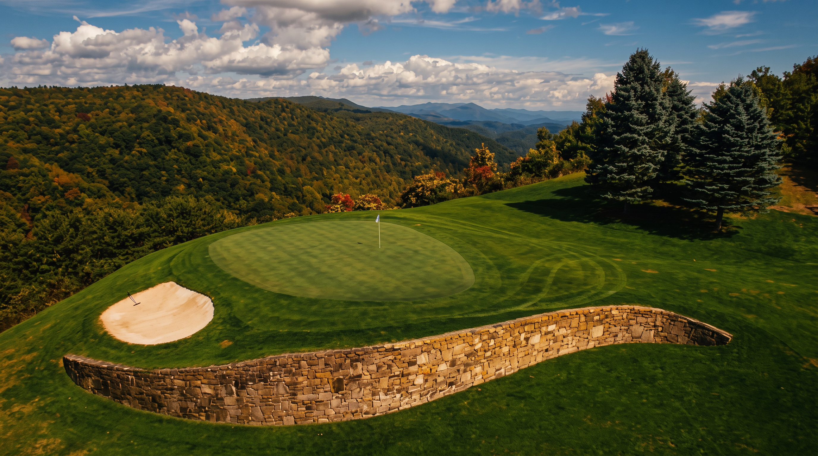 This stunning aerial view highlights a meticulously maintained golf course hole set against a backdrop of lush, rolling mountain scenery. The green is framed by a decorative stone retaining wall and includes a pristine sand trap, showcasing the high-end recreational amenities of the property. The setting offers a serene, panoramic landscape that emphasizes luxury and outdoor lifestyle appeal.