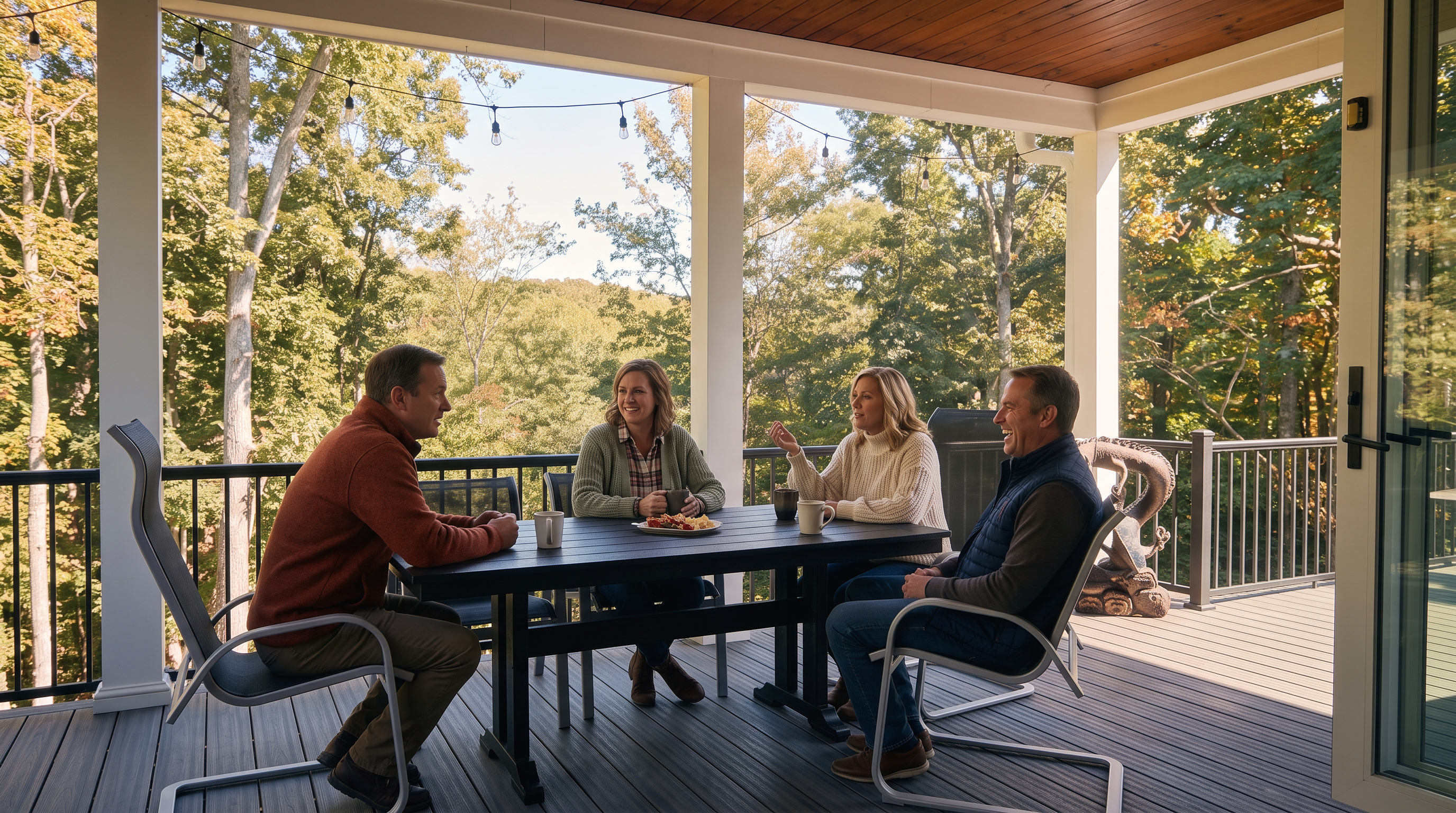 This image captures a seamless transition from an indoor tiled space to a covered outdoor deck through large, folding glass doors. The deck features dark composite decking, a dining set with four chairs, and a scenic view of a lush, tree-filled landscape. The space is finished with a wood-paneled ceiling and recessed lighting, creating a comfortable and inviting atmosphere for outdoor living.