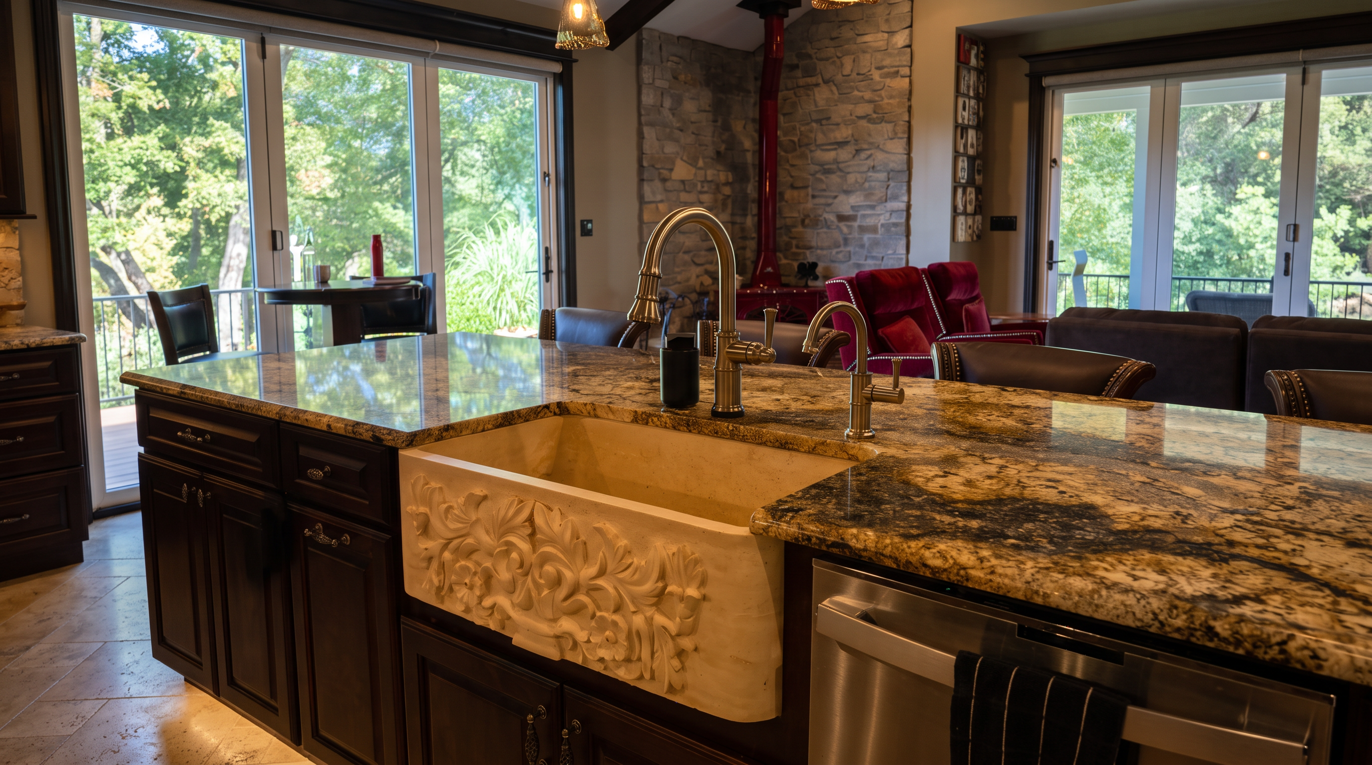 This kitchen features a prominent farmhouse-style sink with an ornate, carved stone front, set into a dark-cabinet island topped with a dark, speckled stone countertop. The perspective looks across the island toward a living area, which includes a tall stone-clad chimney breast and red upholstered seating. The space is illuminated by hanging pendant lights, creating a warm and inviting atmosphere that blends rustic textures with functional design.