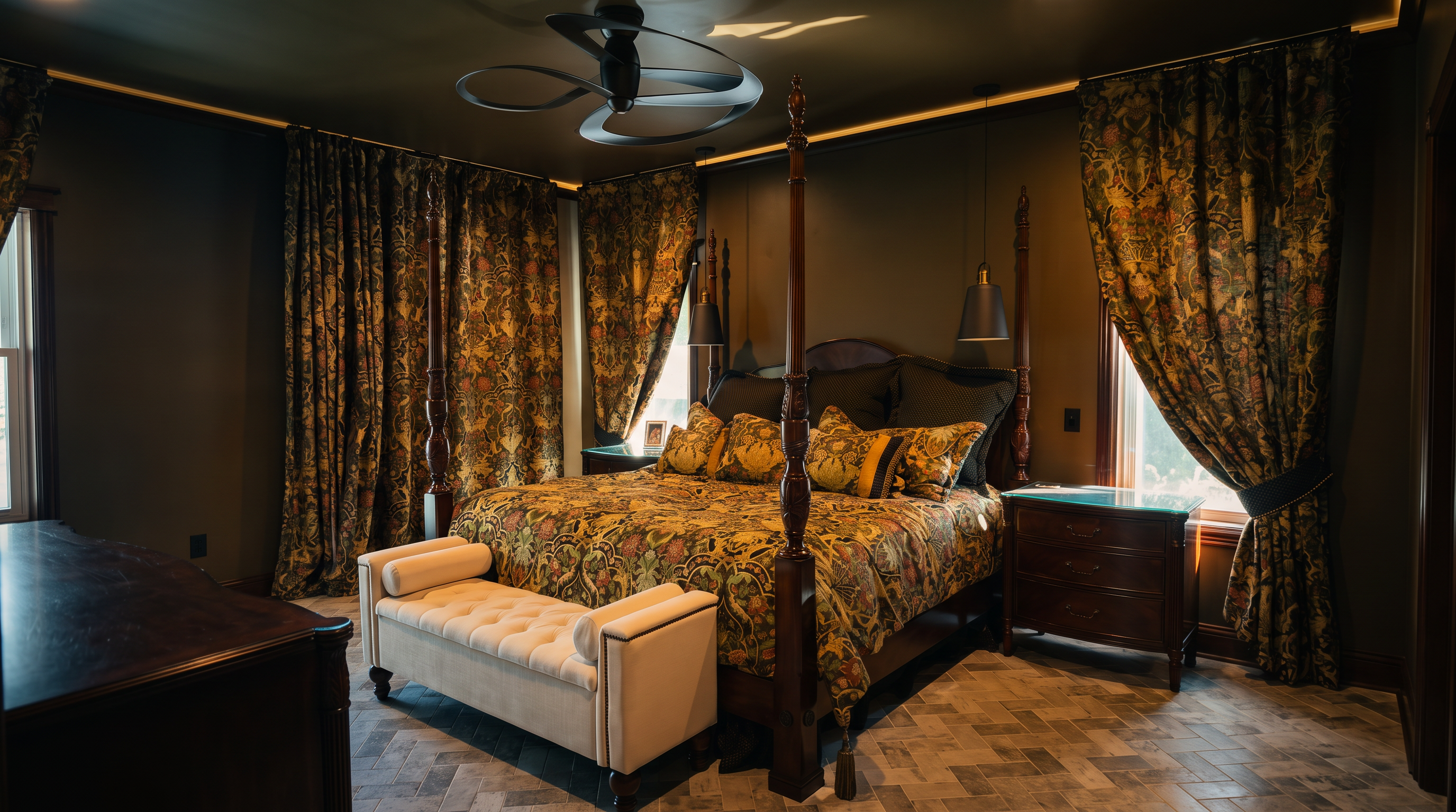 This primary bedroom features a grand four-poster wooden bed dressed in ornate, patterned bedding that matches the heavy floor-length curtains. The room is anchored by a tufted upholstered bench at the foot of the bed and is set against a dark, moody wall color with a unique modern ceiling fan overhead. The flooring consists of light-toned stone tiles laid in a herringbone pattern, creating a sophisticated and traditional aesthetic.
