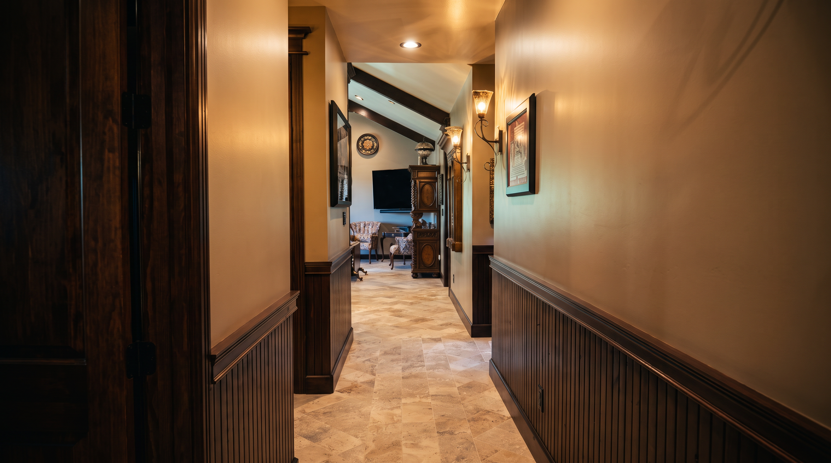 This interior hallway features light-colored walls with dark wood wainscoting and patterned stone tile flooring. The perspective looks down the corridor toward an open living area, where a television and decorative furniture are visible under a vaulted ceiling. Wall-mounted sconces provide warm lighting, creating a traditional and inviting transition space between rooms.