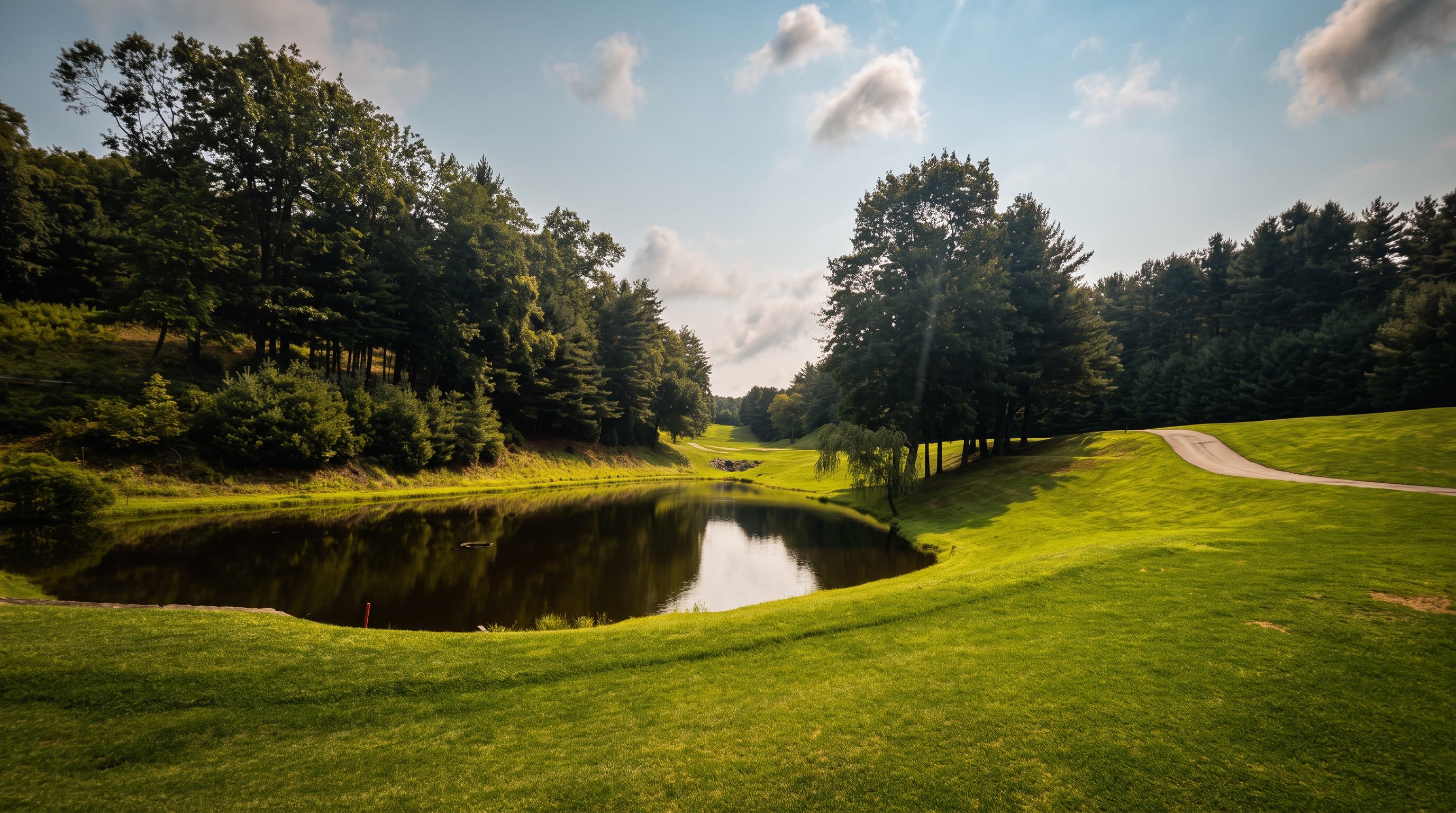 This scenic golf course landscape features a tranquil pond bordered by lush green grass and dense forest foliage. A paved cart path winds through the gentle terrain, highlighting the well-maintained grounds and natural beauty of the community. It presents an inviting and serene recreational space that enhances the appeal of the property.