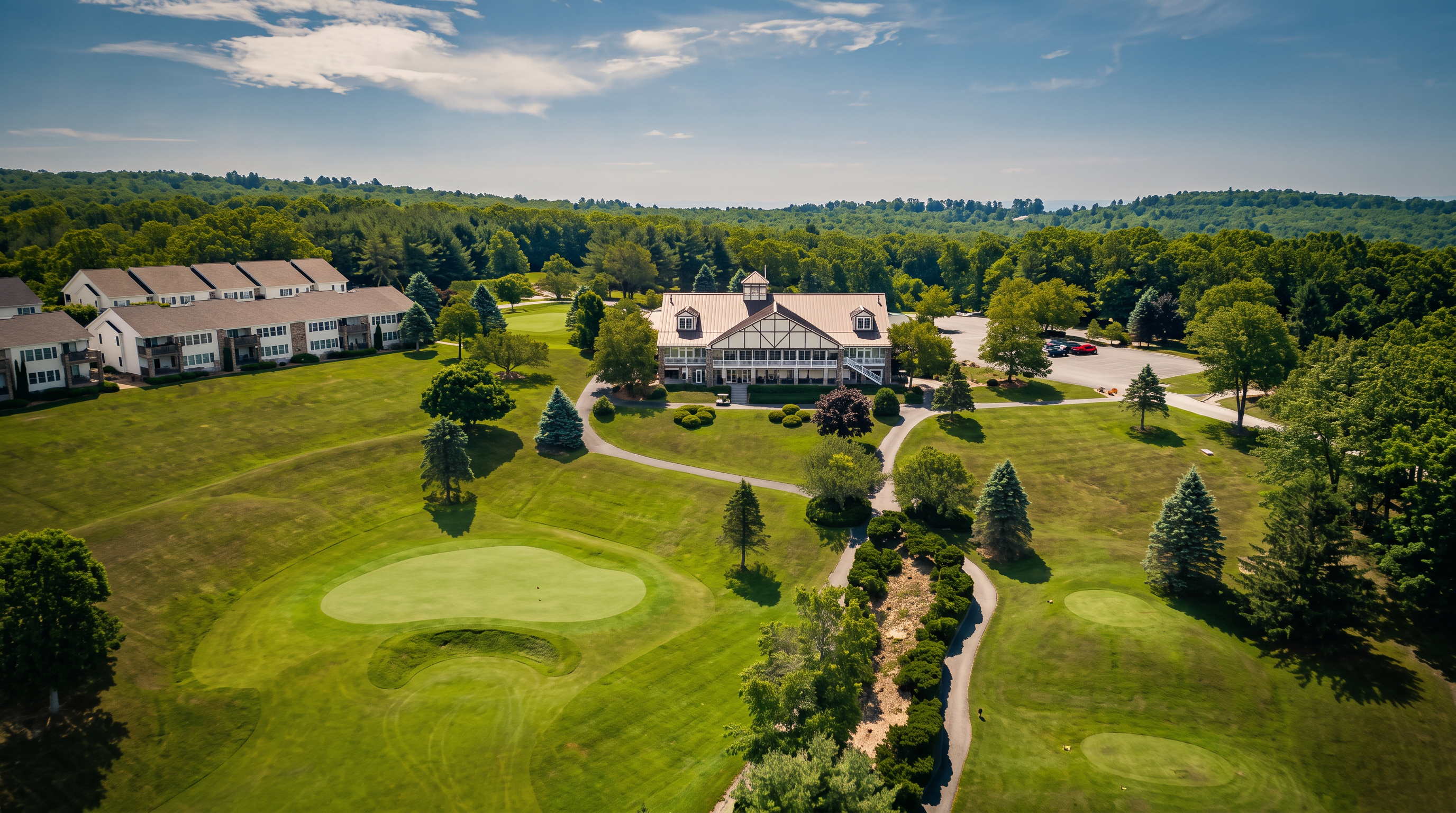 This aerial view showcases a sprawling resort or community complex nestled within a lush, hilly landscape. The property features a prominent central clubhouse with traditional architecture, surrounded by expansive green golf course grounds and adjacent multi-story residential buildings. The setting offers a peaceful, scenic atmosphere with mature trees and well-maintained outdoor spaces, ideal for recreational lifestyle living.