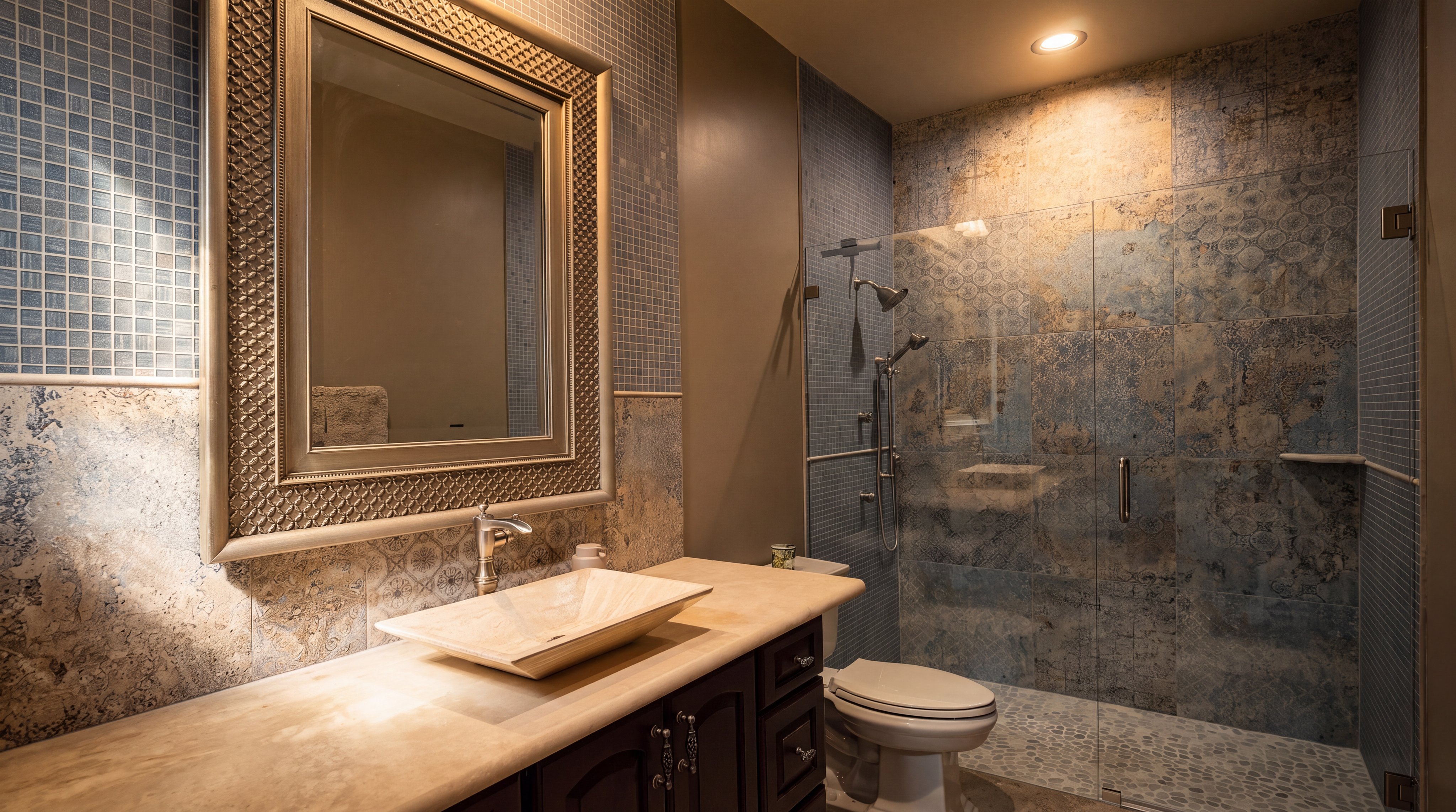 This bathroom features a unique vessel sink set atop a light-toned stone vanity with dark cabinetry. The space is accented by a decorative mirror with a metallic frame and a combination of patterned and mosaic wall tiles. A glass-enclosed shower area with a pebble-style floor and a toilet complete the compact, textured design.