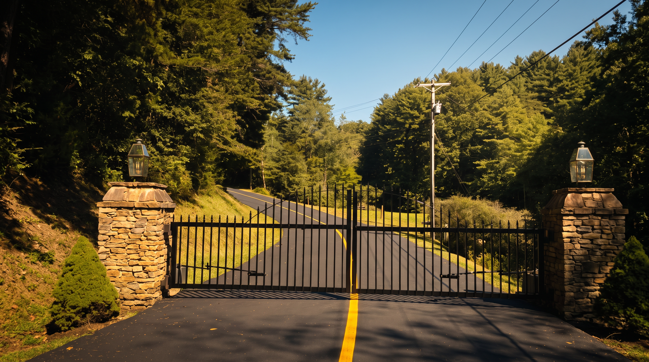 This image captures the gated entrance to a property, featuring a black metal security gate flanked by two stone-clad pillars topped with outdoor lanterns. A freshly paved asphalt driveway with a bright yellow center line leads through the gate, winding upward into a lush, tree-lined landscape under a clear blue sky. The perspective is a straight-on, eye-level shot that emphasizes the privacy and well-maintained nature of the property's access point.