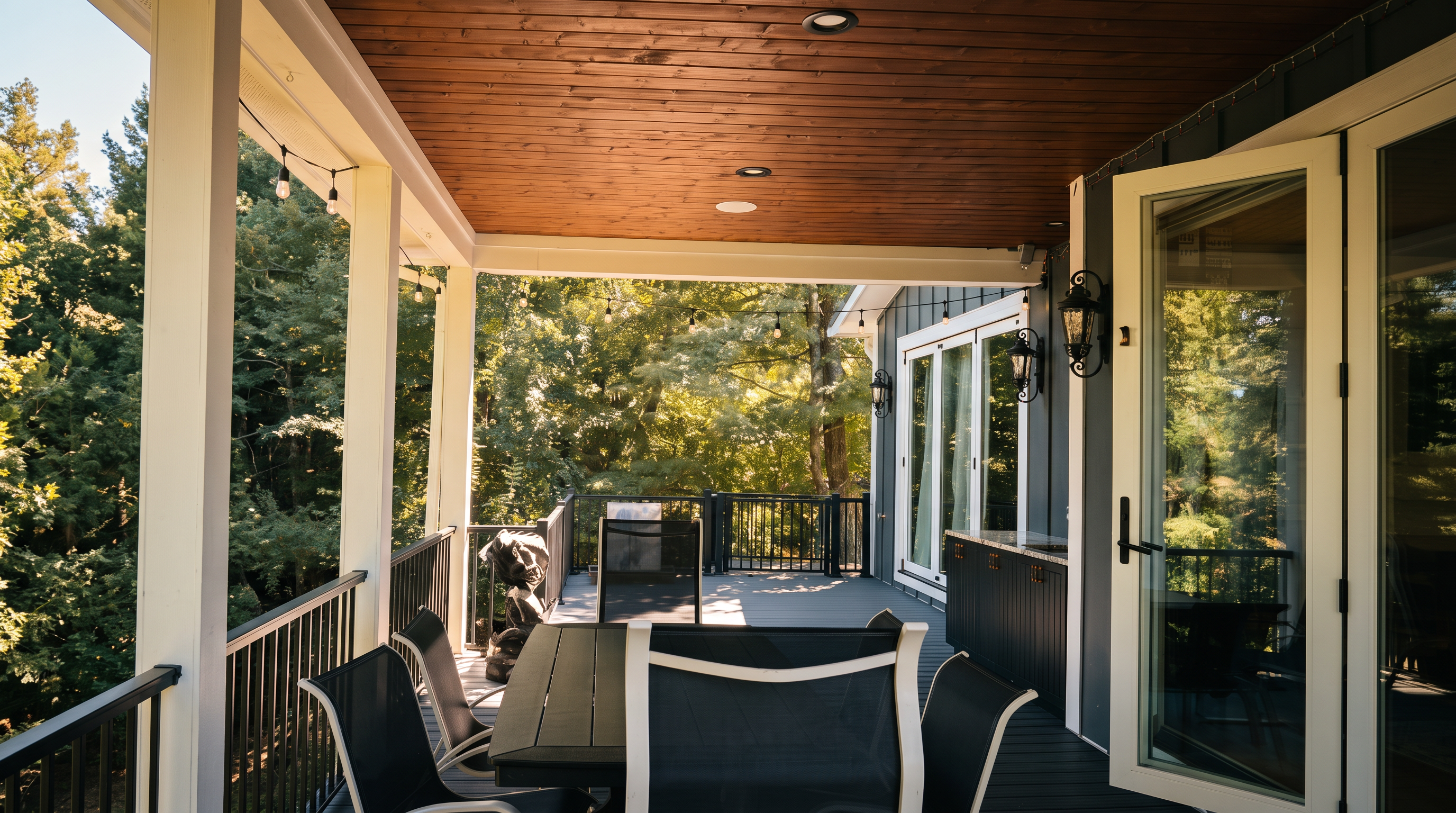 This covered deck features dark-toned composite decking and a warm, wood-paneled ceiling with recessed lighting. The space is furnished with a dining table and chairs, and it overlooks a lush, tree-filled landscape through a black metal railing. A set of glass doors provides access to the interior, while string lights add a cozy ambiance to the outdoor living area.