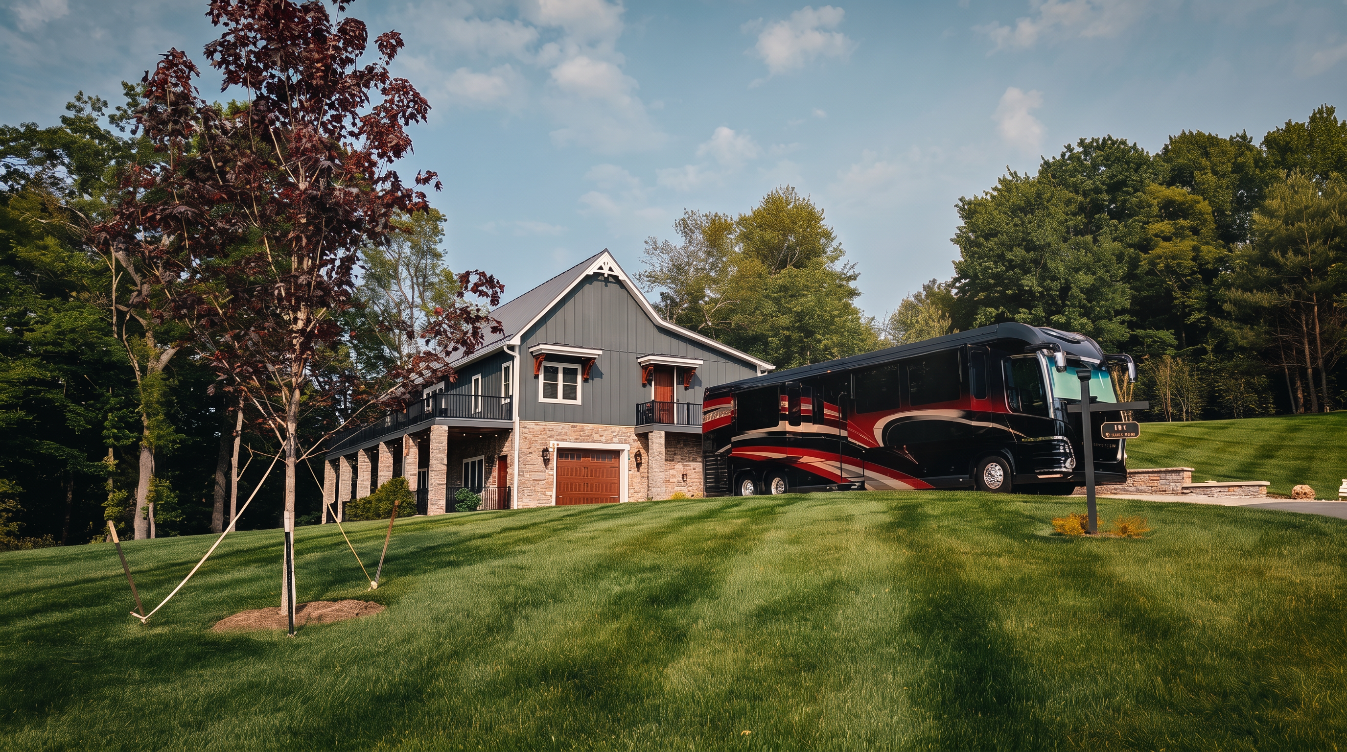 This side view captures a modern farmhouse-style home with dark vertical siding and a stone-clad lower level, featuring a prominent balcony and a garage. A large, sleek black and red recreational vehicle is parked on the expansive, well-manicured green lawn in the foreground. The scene is set against a backdrop of lush mature trees under a bright, clear blue sky, emphasizing a spacious and private rural setting.
