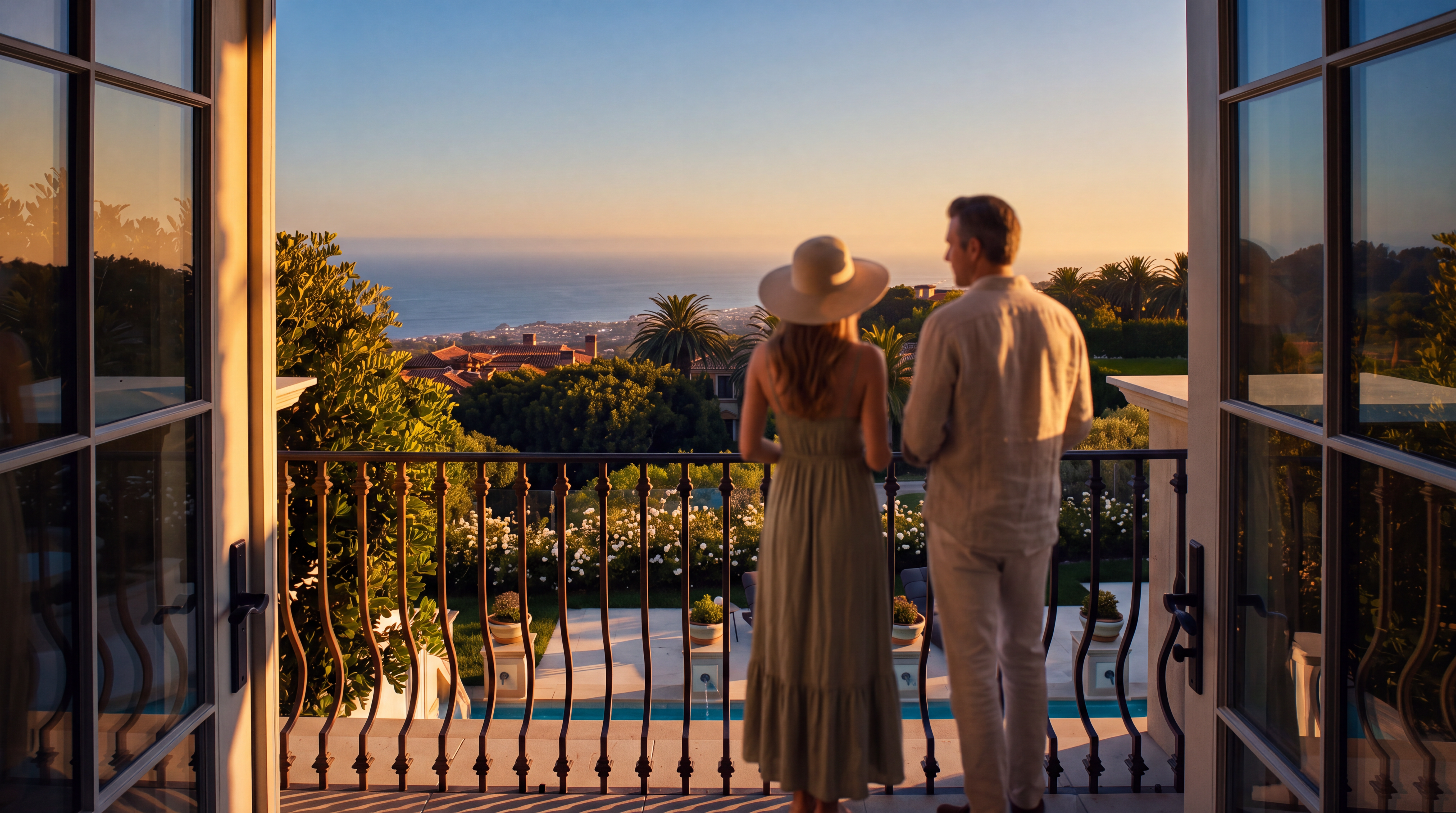 This image is captured from a balcony looking out over a luxurious estate with a stunning panoramic view of the ocean. The foreground features a black wrought-iron railing, while the mid-ground showcases a swimming pool surrounded by lush greenery and palm trees. The perspective provides a cinematic, elevated vantage point that emphasizes the property's expansive outdoor living space and coastal location.