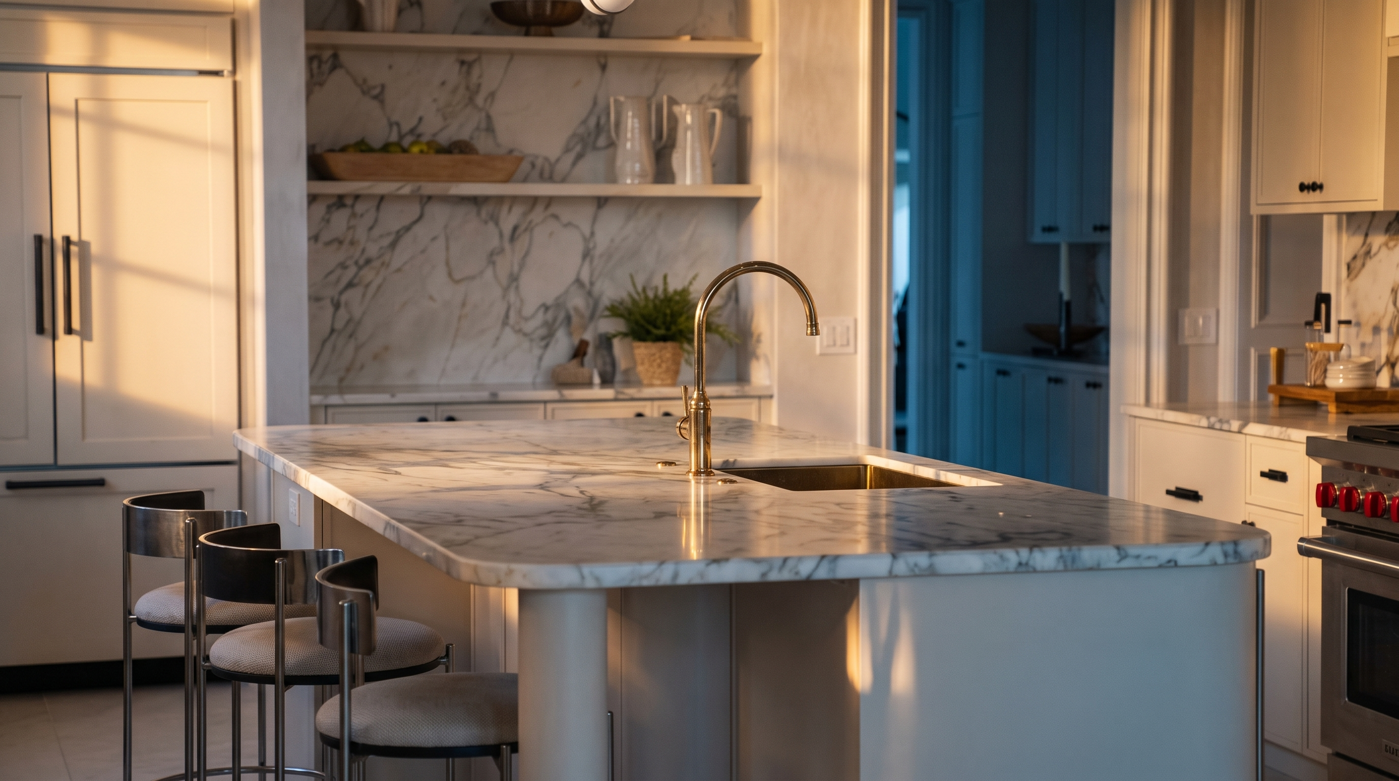 This elegant, bright kitchen features a central island with a stone countertop and integrated seating, framed by a large arched architectural opening. The space is equipped with high-end stainless steel appliances, including a professional-style range and a built-in refrigerator, complemented by crisp white cabinetry and stone backsplash detailing. The perspective is centered, showcasing a clean, sophisticated aesthetic that flows into an adjacent hallway.