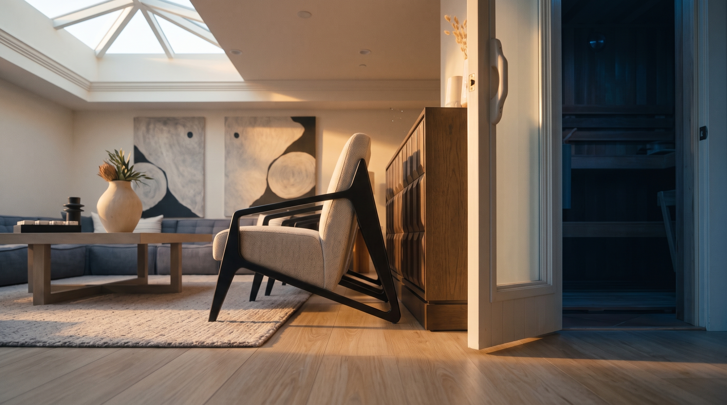 This spacious, modern basement living area features light wood-look flooring, a large sectional sofa, and two accent chairs arranged around a central coffee table. A glass-paned door opens into a dedicated cedar-lined sauna, adding a luxurious wellness feature to the space. The room is decorated with large abstract wall art and a dark wood console table, creating a sophisticated and comfortable lounge environment.