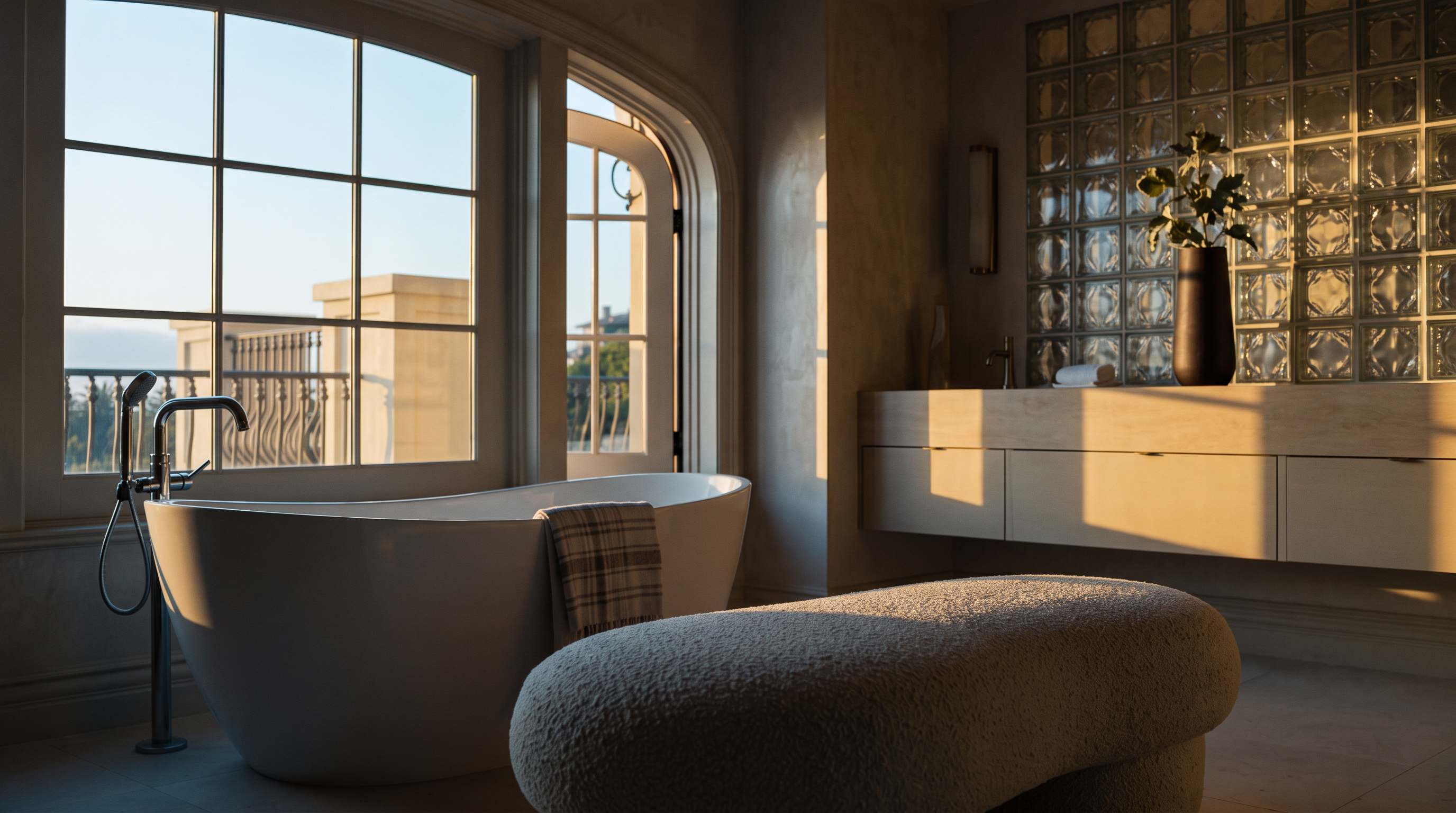 This luxurious primary bathroom features a central freestanding soaking tub positioned beneath a large, arched window that offers a view of the outdoors. The space is finished in a neutral, light-toned palette with stone surfaces, a floating vanity, and a distinctive glass block wall accent. A textured, curved bench sits in the foreground, enhancing the serene and sophisticated atmosphere of the room.