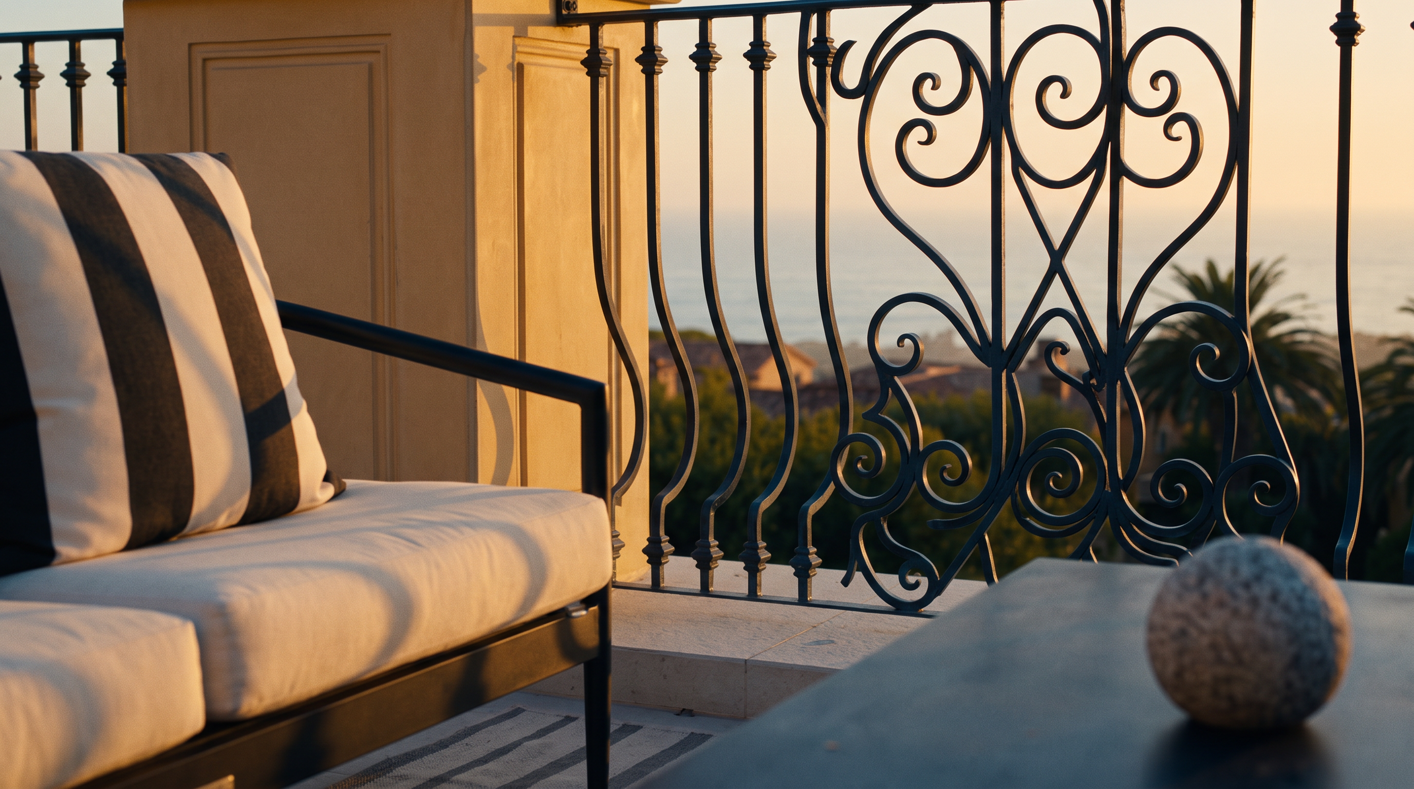 This elevated balcony offers a panoramic, unobstructed view of the ocean and the surrounding coastal landscape. The space is furnished with a modern outdoor seating set, including a sofa and armchairs with striped cushions, arranged around a low rectangular coffee table on a striped area rug. Wrought iron railings and stone-capped pillars frame the scene, creating a sophisticated and serene outdoor living area.