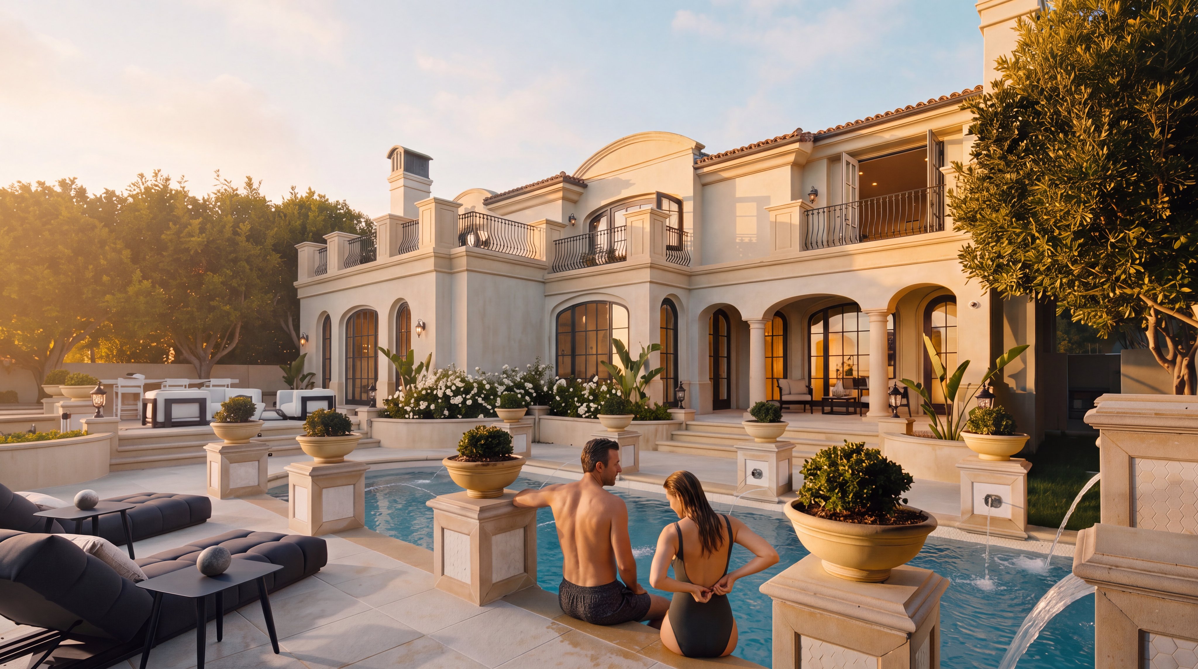 This luxurious Mediterranean-style estate is captured at twilight, showcasing a grand rear facade with multiple balconies and arched windows. A pristine, illuminated swimming pool serves as the centerpiece of the patio, surrounded by stone decking, decorative planters, and elegant lounge furniture. The warm interior lighting glowing through the large windows creates an inviting and sophisticated atmosphere for outdoor entertaining.