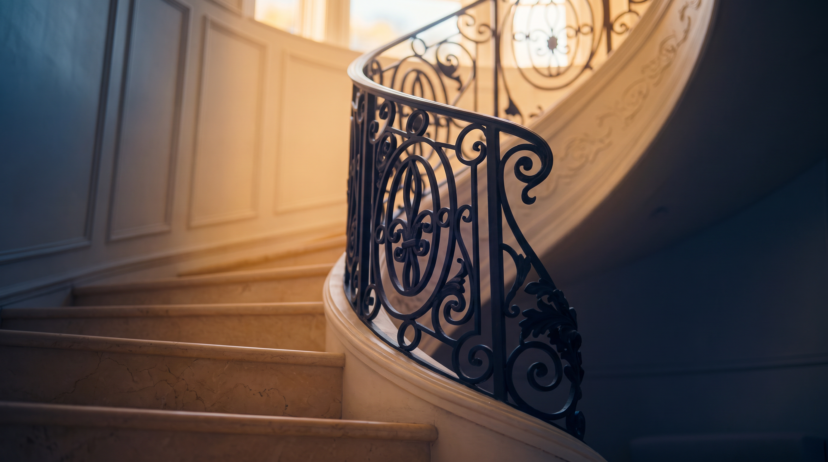 This grand entryway features a sweeping curved staircase with an ornate black metal railing that serves as the focal point of the space. The interior is finished in a bright, monochromatic white palette with detailed wall paneling and a polished light-colored floor. A small round table topped with a sculptural art piece sits on a dark, organic-shaped rug, accompanied by two textured white ottomans, creating a sophisticated and minimalist aesthetic.