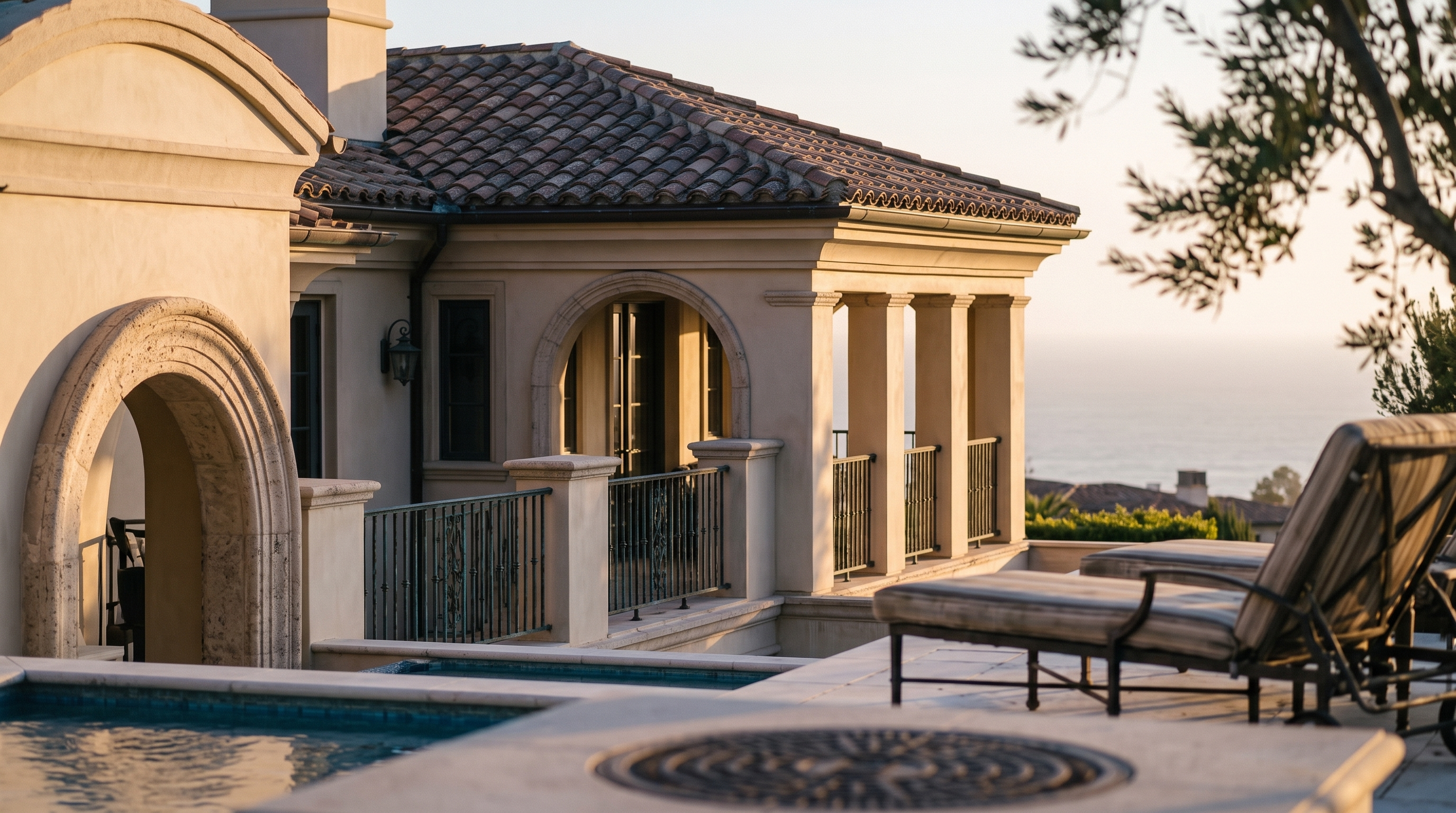 This high-angle aerial view captures a luxurious residential neighborhood overlooking the Pacific Ocean. The scene highlights a prominent Mediterranean-style estate with a private swimming pool and spa, surrounded by manicured landscaping and rolling green hills. The expansive perspective showcases the coastal geography and the upscale, quiet character of the community.