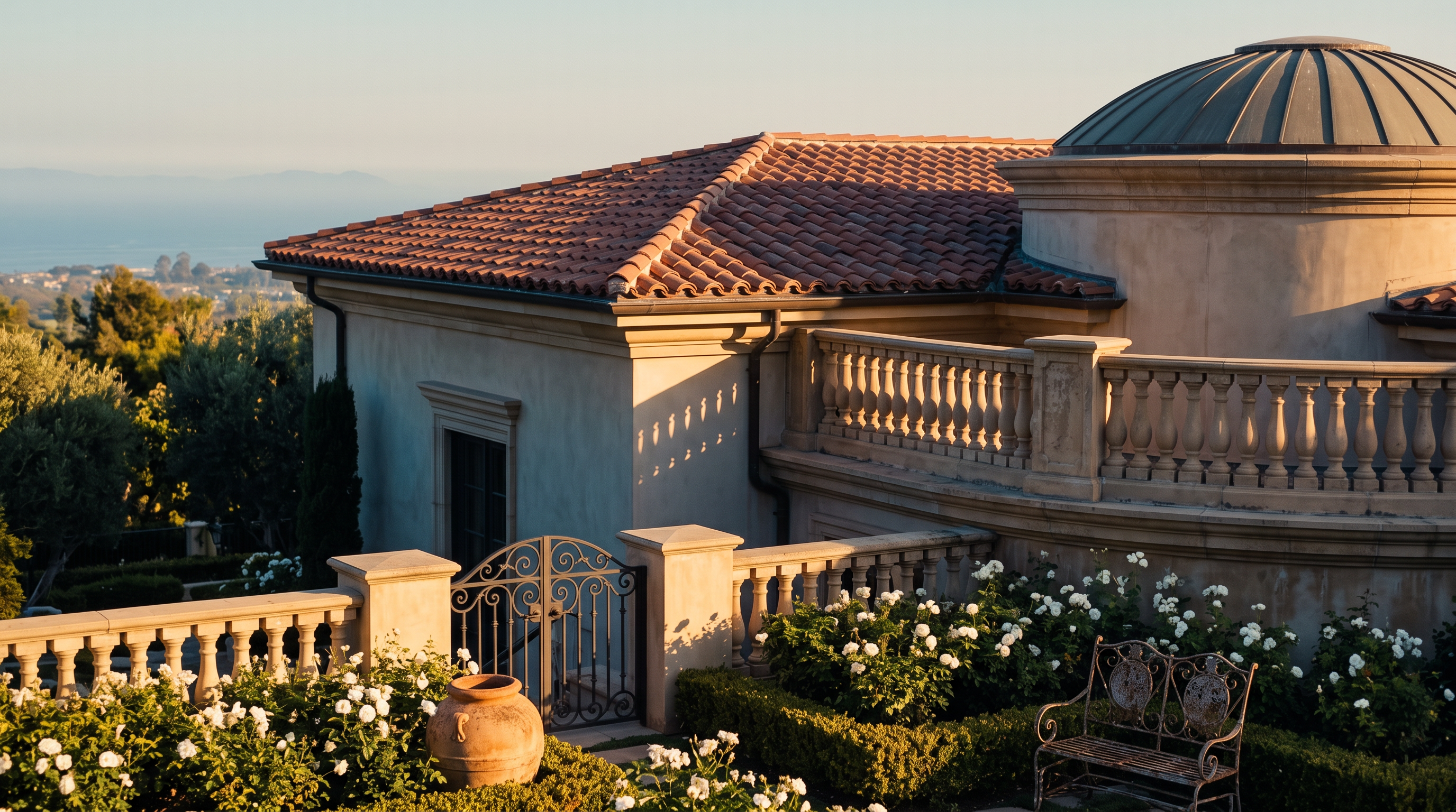 This high-angle aerial view captures a sprawling, upscale residential neighborhood overlooking a vast coastline and the ocean. The foreground features several large, Mediterranean-style estates with terracotta-tiled roofs, manicured landscaping, and circular driveways. The perspective emphasizes the expansive coastal geography and the prestigious, quiet nature of the community.