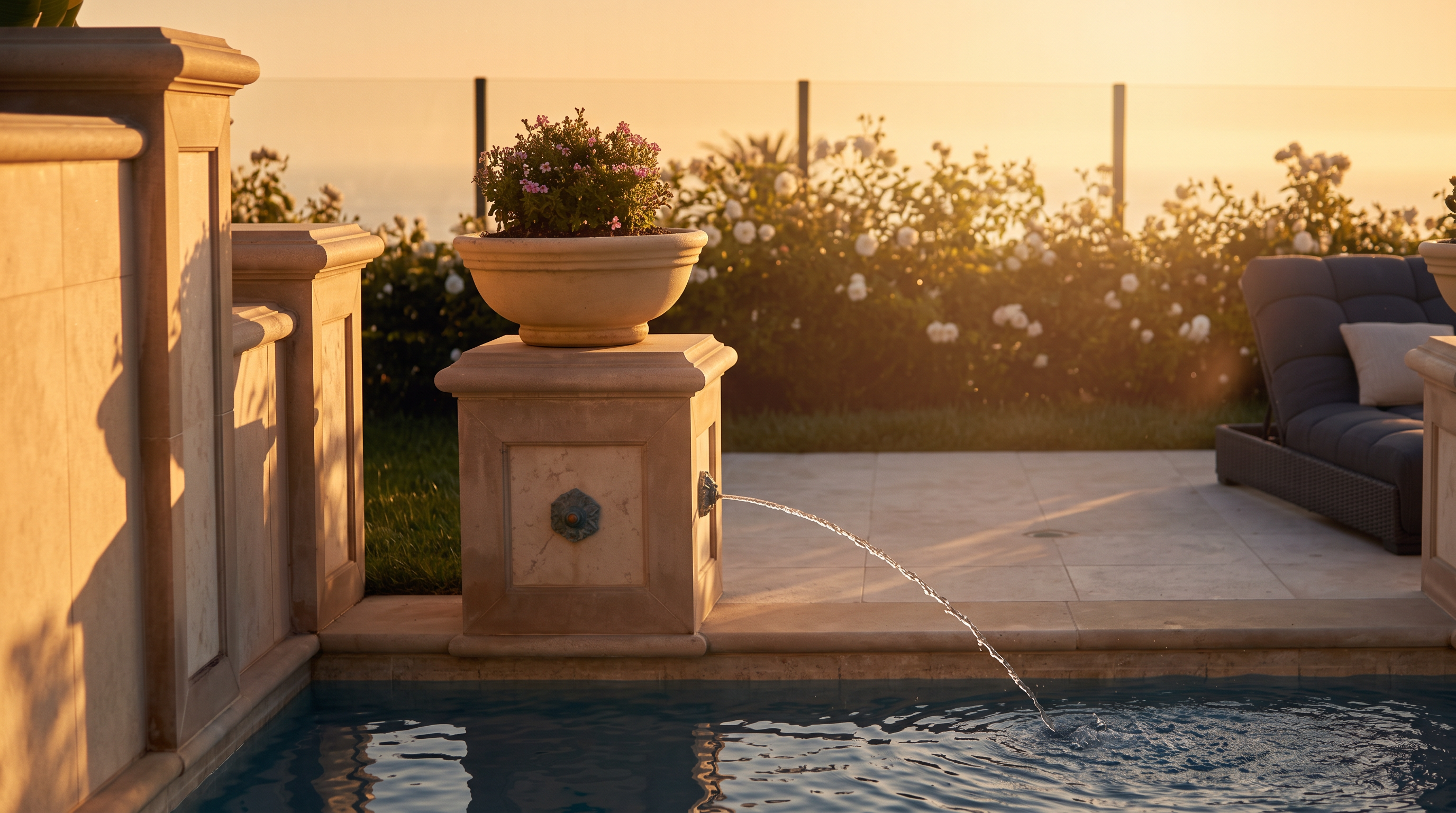 This high-angle shot captures a luxurious backyard swimming pool set against a stunning panoramic ocean view. The pool area is elegantly landscaped with stone-topped pillars holding potted plants, a stone water feature, and comfortable lounge chairs on a light-toned patio. The scene conveys a serene, high-end resort atmosphere, perfectly framing the horizon where the blue pool water meets the distant sea.