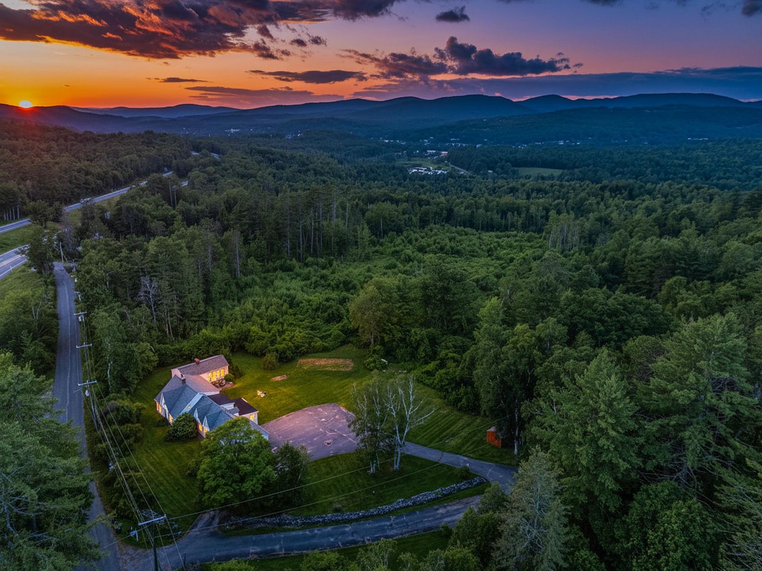 This stunning aerial perspective captures a residential property nestled within a lush, forested landscape during a vibrant sunset. The home features a traditional architectural style with multiple rooflines, illuminated by warm interior lighting that contrasts beautifully with the twilight sky. The expansive grounds include a paved driveway, manicured lawn areas, and a stone wall, all set against a backdrop of rolling mountains.