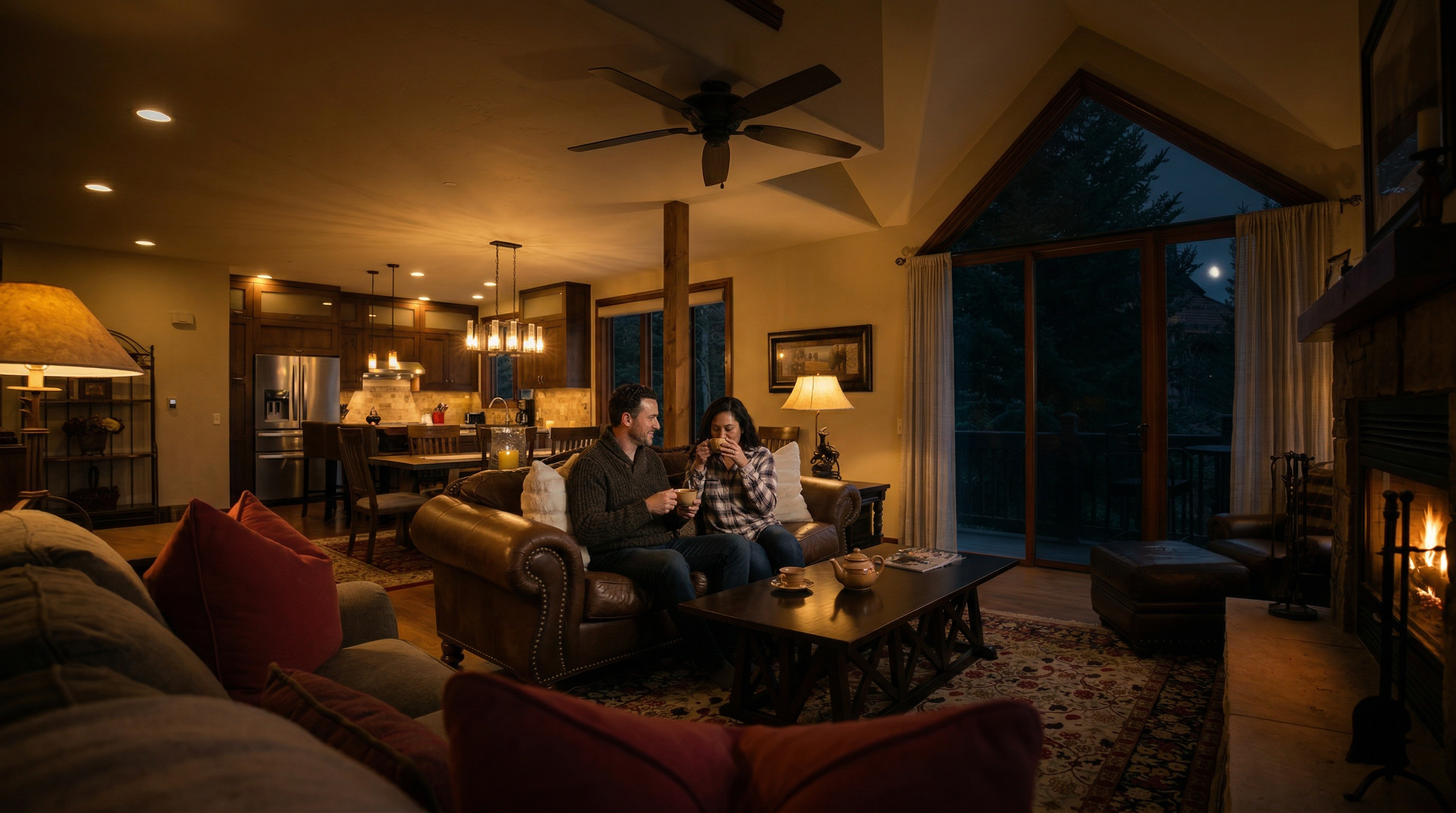 This spacious, open-concept living room features a vaulted ceiling with a ceiling fan and a large, triangular window that frames a scenic view of the surrounding trees. The room is anchored by a rich brown leather sofa, a patterned area rug, and a dark wood coffee table, creating a warm and inviting atmosphere. The perspective captures the seamless flow from the cozy seating area into the adjacent kitchen and dining space, highlighting the home's airy and well-connected layout.