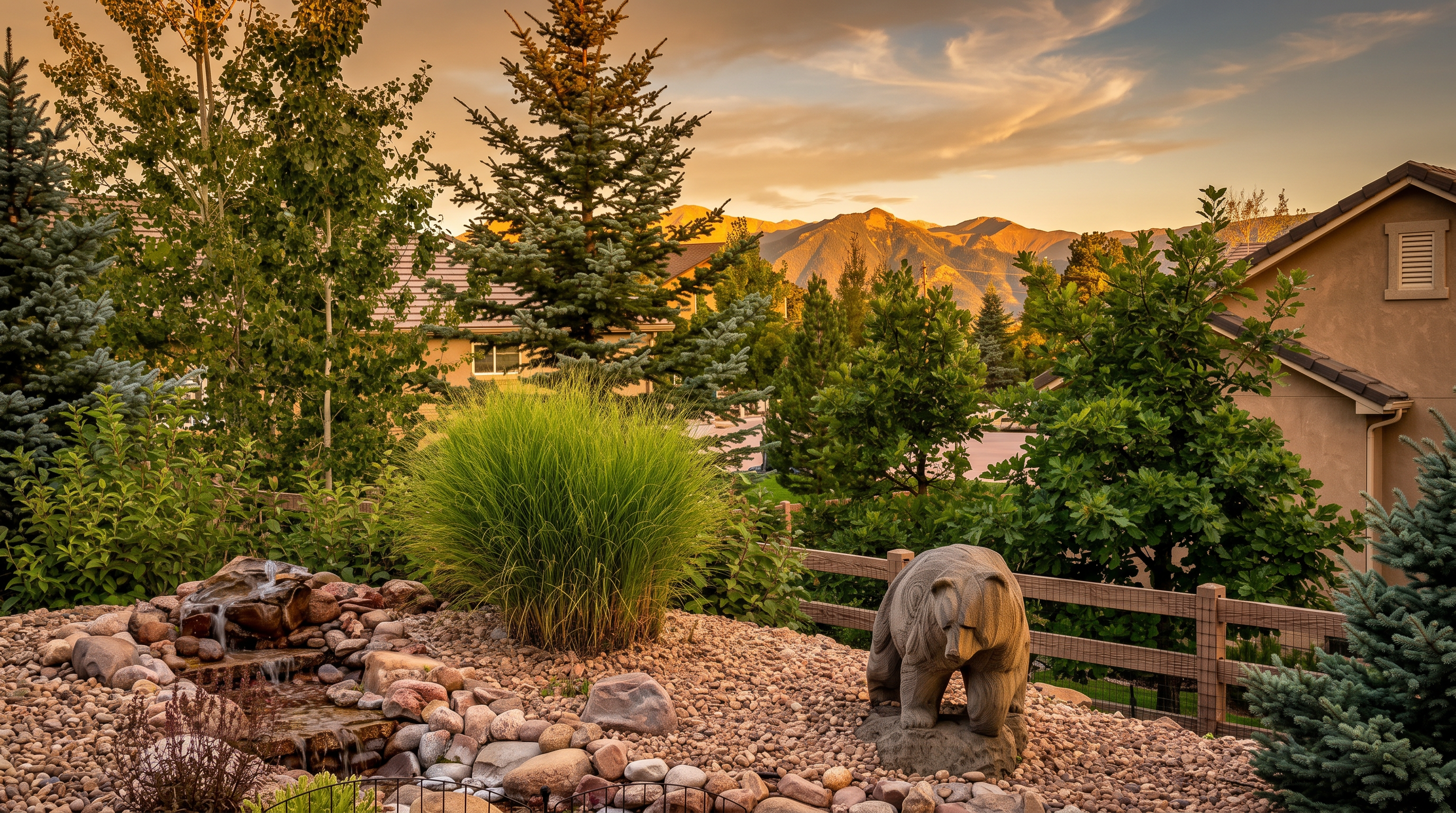 This landscaped backyard features a decorative stone water feature and a prominent bear sculpture set amidst gravel and ornamental grasses. A wooden fence borders the property, which overlooks a scenic mountain range in the distance. The scene is framed by mature trees and lush greenery, creating a peaceful and well-maintained outdoor retreat.