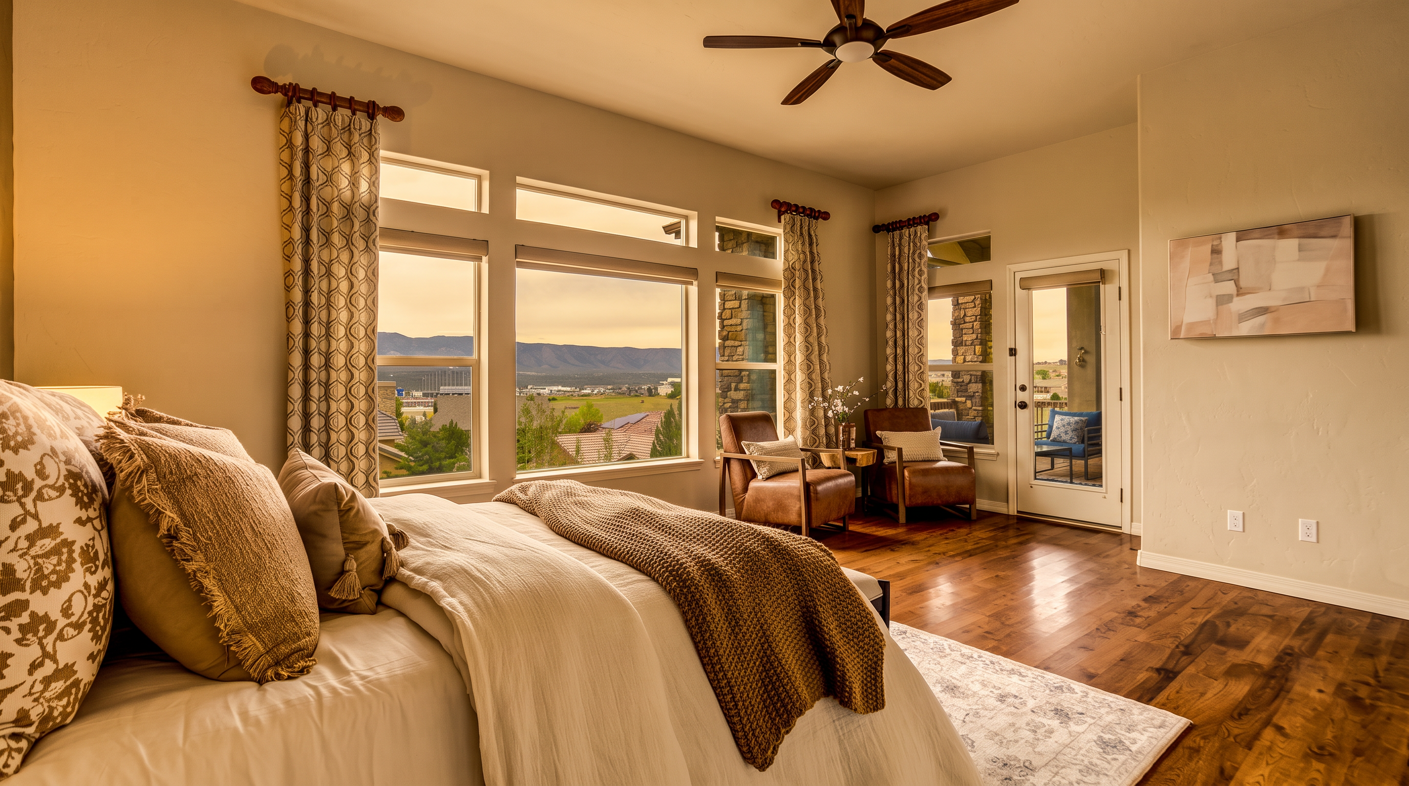 This spacious primary bedroom features warm wood flooring, a neutral color palette, and a large bed dressed in layered linens and a textured throw. A cozy seating area is positioned near tall windows that frame expansive mountain views, while a glass door provides direct access to an outdoor balcony. The room is illuminated by a ceiling fan with integrated lighting and maintains an airy, tranquil atmosphere.