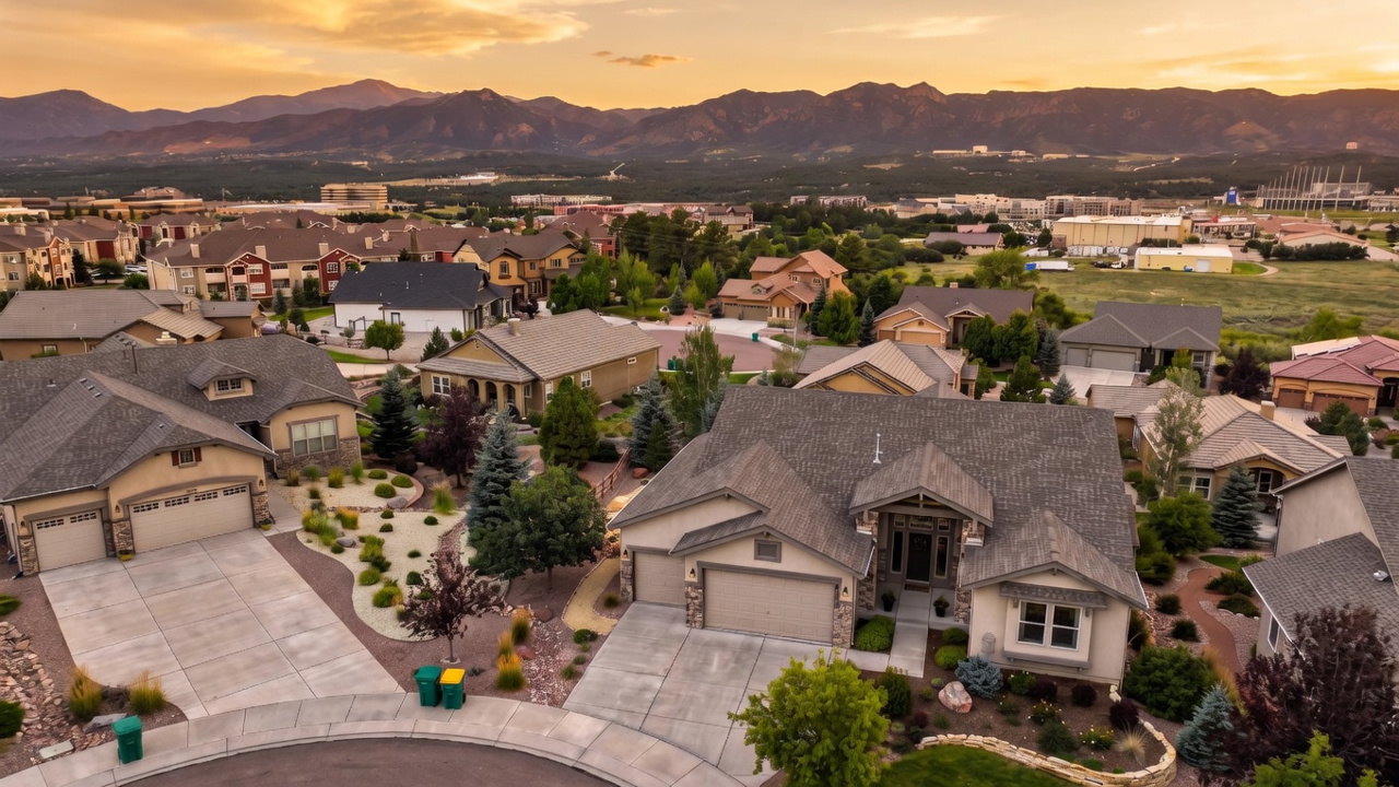 This high-angle aerial view captures a suburban neighborhood featuring single-family homes with neutral-toned stucco and stone facades. The foreground highlights a well-maintained residence with a multi-car garage and manicured landscaping, while the background showcases a sprawling landscape with distant mountain ranges under a clear blue sky. The perspective provides a comprehensive look at the residential layout, street connectivity, and the scenic regional environment.