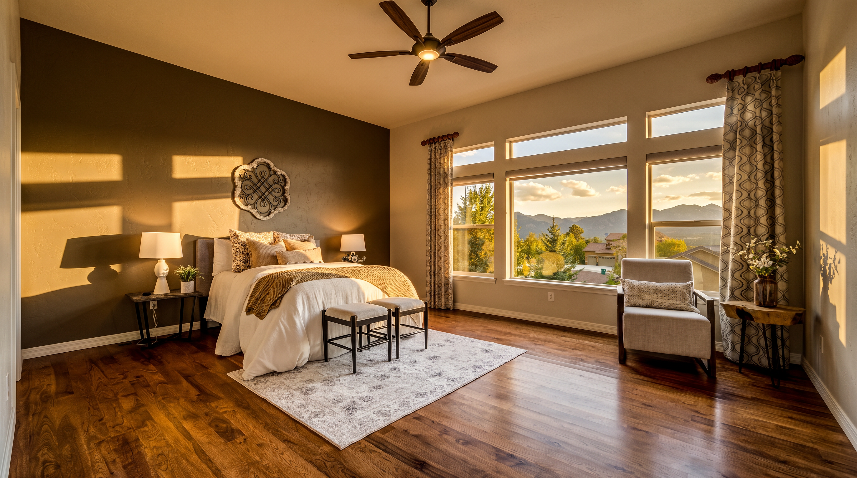 This spacious primary bedroom features rich wood flooring and a warm, earthy accent wall behind the bed. Large windows provide abundant natural light and expansive mountain views, while a neutral color palette and soft textiles create a serene atmosphere. The room is furnished with a comfortable bed, two benches at the foot, and a cozy seating area by the window.