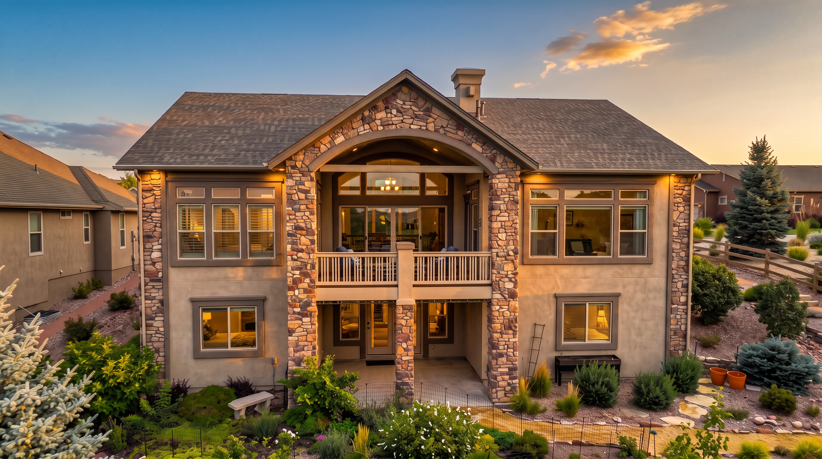 This is a beautiful rear view of a two-story home featuring a sophisticated mix of stone veneer accents and smooth stucco siding. The home includes a spacious covered balcony on the upper level, a covered patio below, and large windows that offer views of the landscaped backyard and surrounding community. Its architectural style is balanced and inviting, emphasizing comfortable outdoor living spaces.