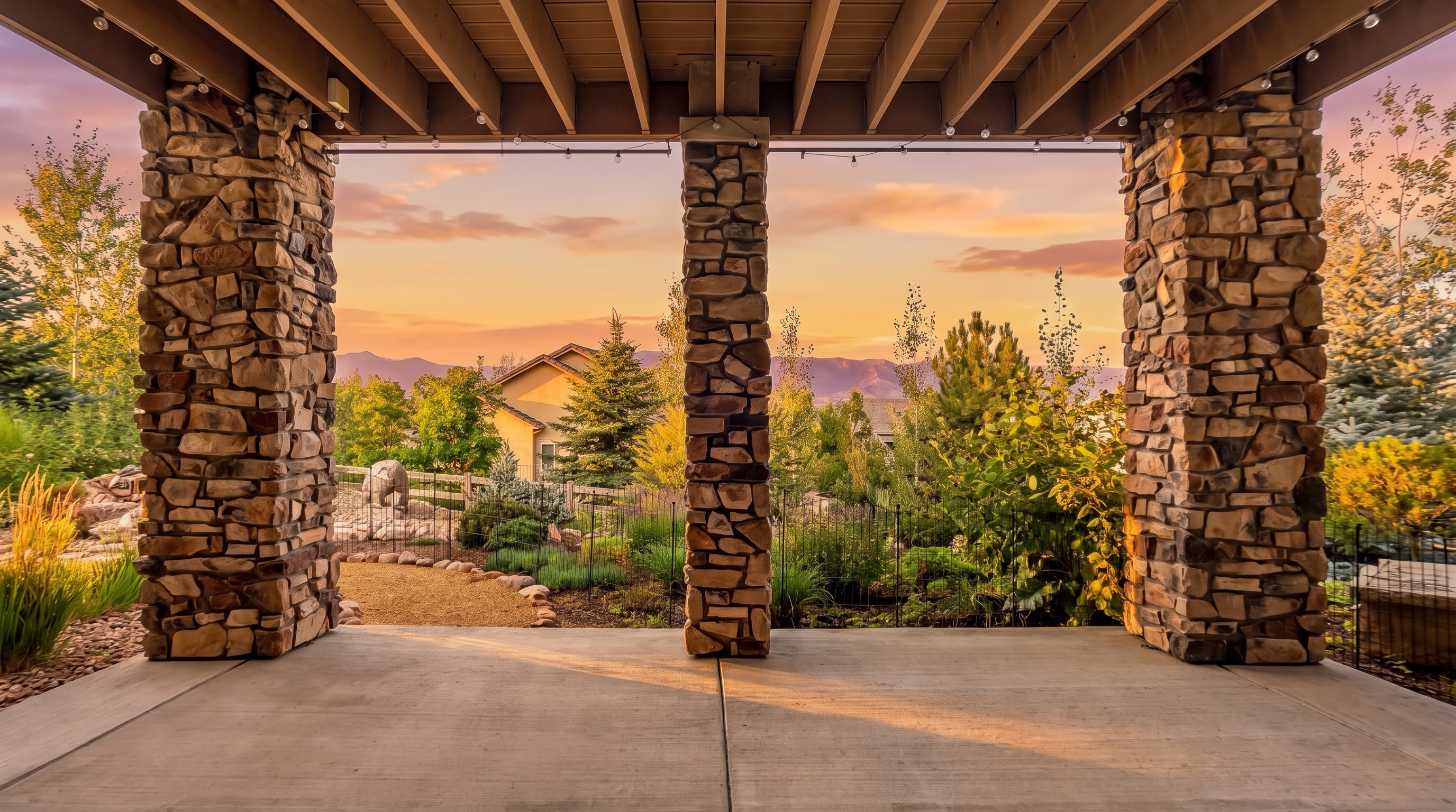 This covered patio offers a scenic, elevated view of the surrounding landscape and distant mountains, framed by three sturdy stone-clad pillars. The space features a smooth concrete floor and an exposed wood beam ceiling equipped with string lighting, creating a comfortable and inviting outdoor living area. It provides a peaceful setting perfect for relaxing while enjoying the natural beauty of the backyard garden.