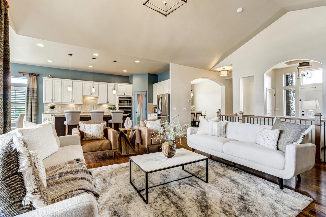 This open-concept living area features a bright, airy aesthetic with a neutral color palette and vaulted ceilings. The space includes a white sofa, two leather armchairs, and a central coffee table atop a textured area rug, seamlessly flowing into a kitchen with white cabinetry and bar seating. The perspective is from the living room looking toward the kitchen, highlighting the spacious, interconnected layout of the home.