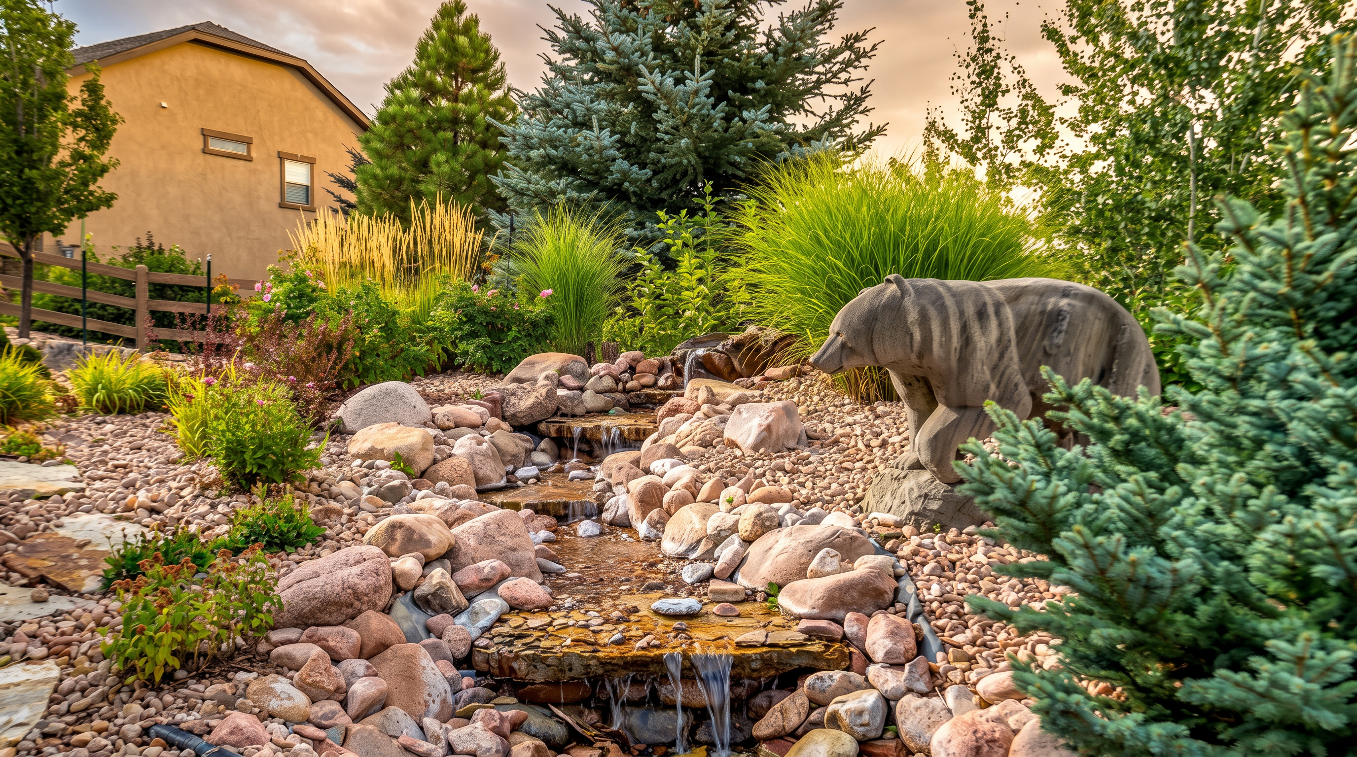 This beautifully landscaped backyard features a tiered stone water feature that cascades down into a small pond. A decorative bear statue stands prominently beside the stream, surrounded by lush ornamental grasses, evergreen trees, and various shrubs. The scene is captured from a low angle, emphasizing the naturalistic design and serene atmosphere of the garden.