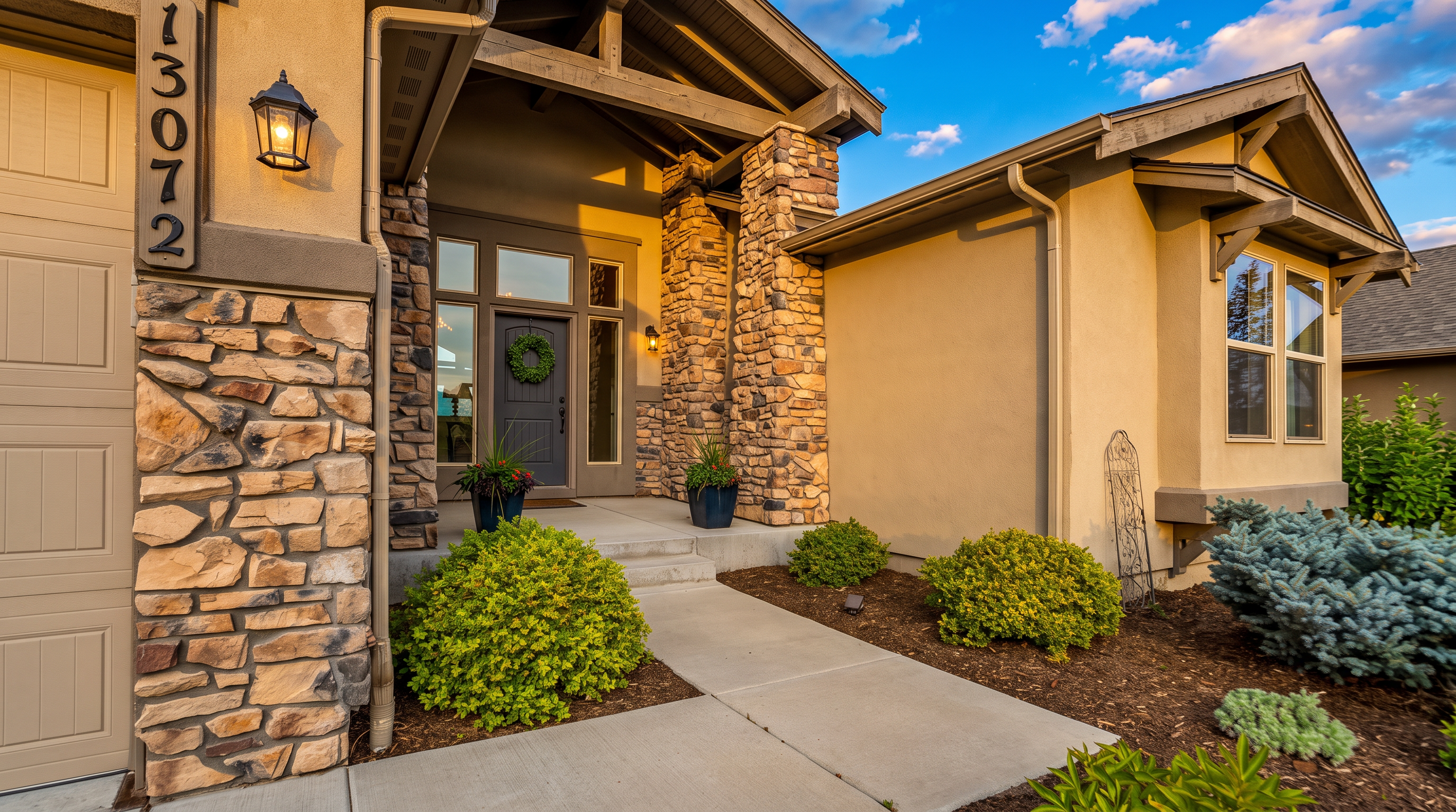 This inviting front entryway features a dark gray front door accented by a decorative wreath and flanked by tall, multi-pane windows. The facade is constructed with a combination of textured stucco and rugged stone pillars, creating a warm, rustic aesthetic. A concrete walkway leads to the entrance, framed by neatly manicured shrubs and potted plants under a bright blue sky.