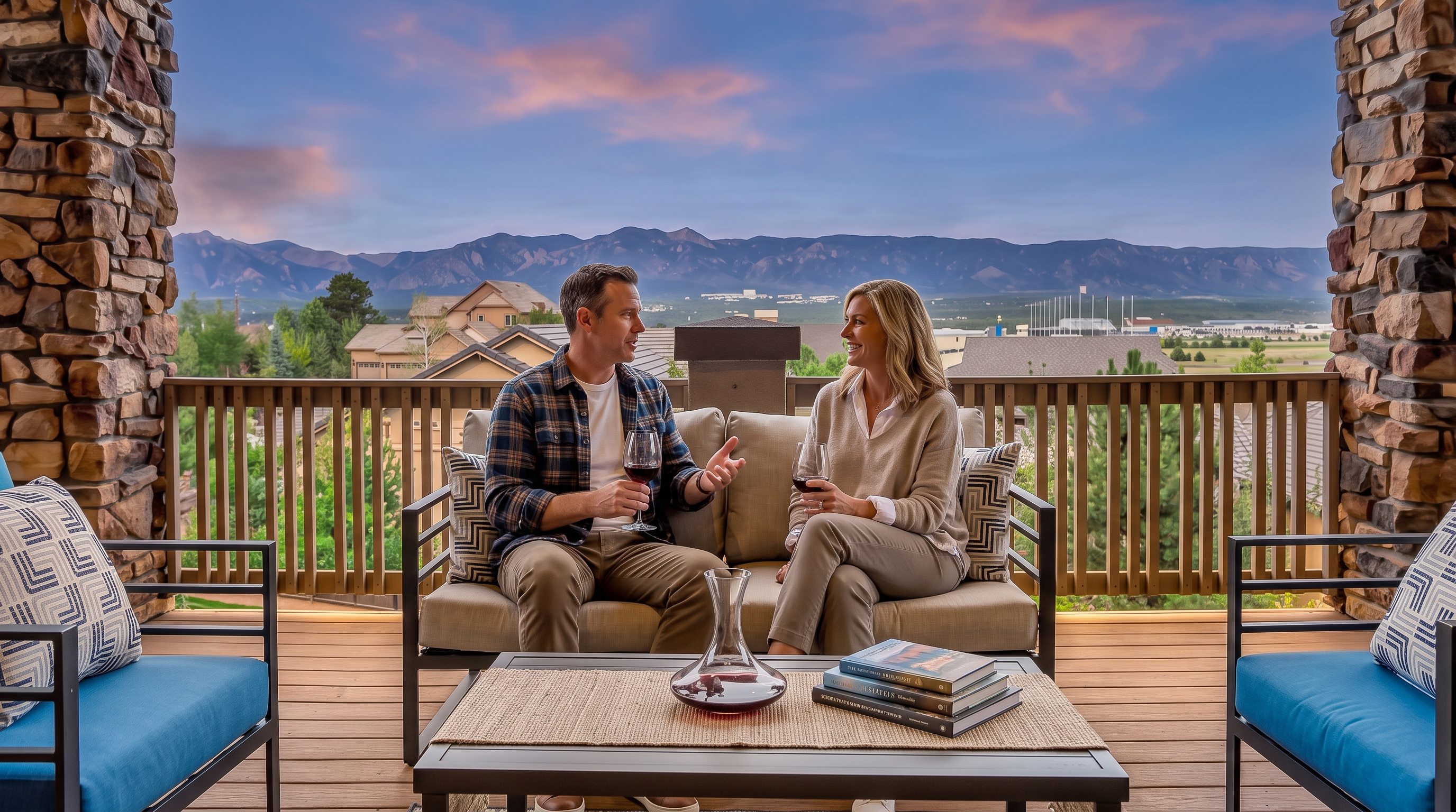 This scenic outdoor deck offers a luxurious living space with a panoramic view of the mountains and a soft sunset sky. The area is furnished with comfortable, modern patio seating and a central coffee table featuring a wine decanter, creating an inviting atmosphere for relaxation or entertainment. The space is anchored by rustic stone pillars, blending upscale comfort with beautiful natural surroundings.