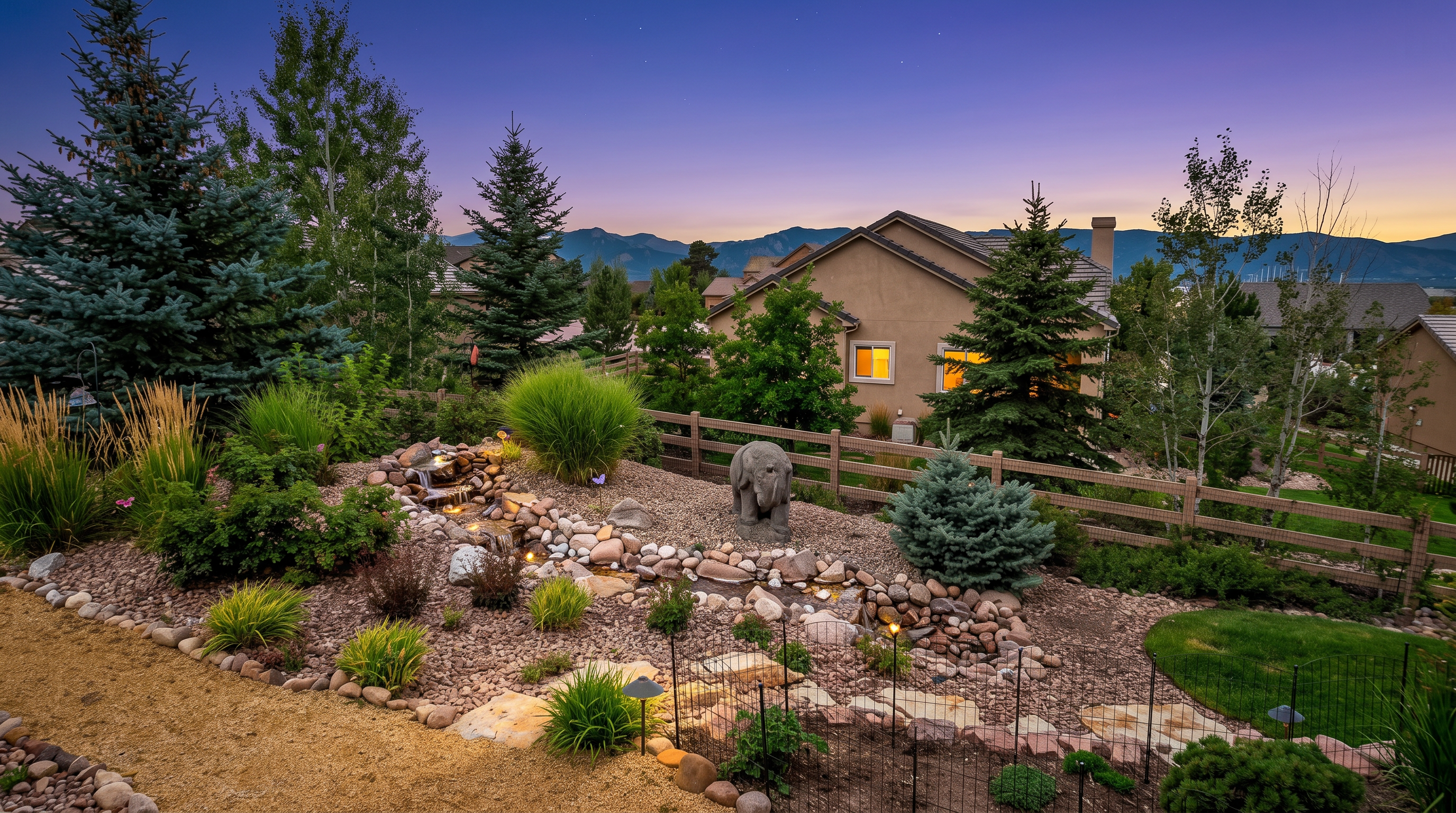 This high-angle aerial view captures a beautifully landscaped backyard featuring a decorative rock garden with a small water feature and a stone bear statue. The yard is enclosed by a wooden fence and includes a gravel path, lush green lawn, and various mature evergreen trees. In the background, a stunning mountain range provides a scenic backdrop to the residential neighborhood.