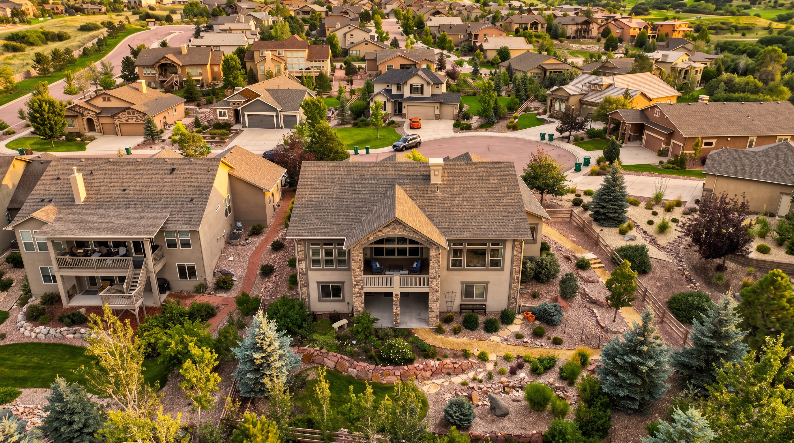 This high-angle aerial perspective captures a large, multi-story suburban residence with a stone and stucco facade, featuring a prominent rear deck and balcony overlooking a landscaped backyard. The property is situated within a planned community, showcasing a winding cul-de-sac, manicured lawns, and mature trees. The backyard includes a stone retaining wall, a winding stone path, and a variety of shrubs and evergreens, creating a private and well-maintained outdoor living space.