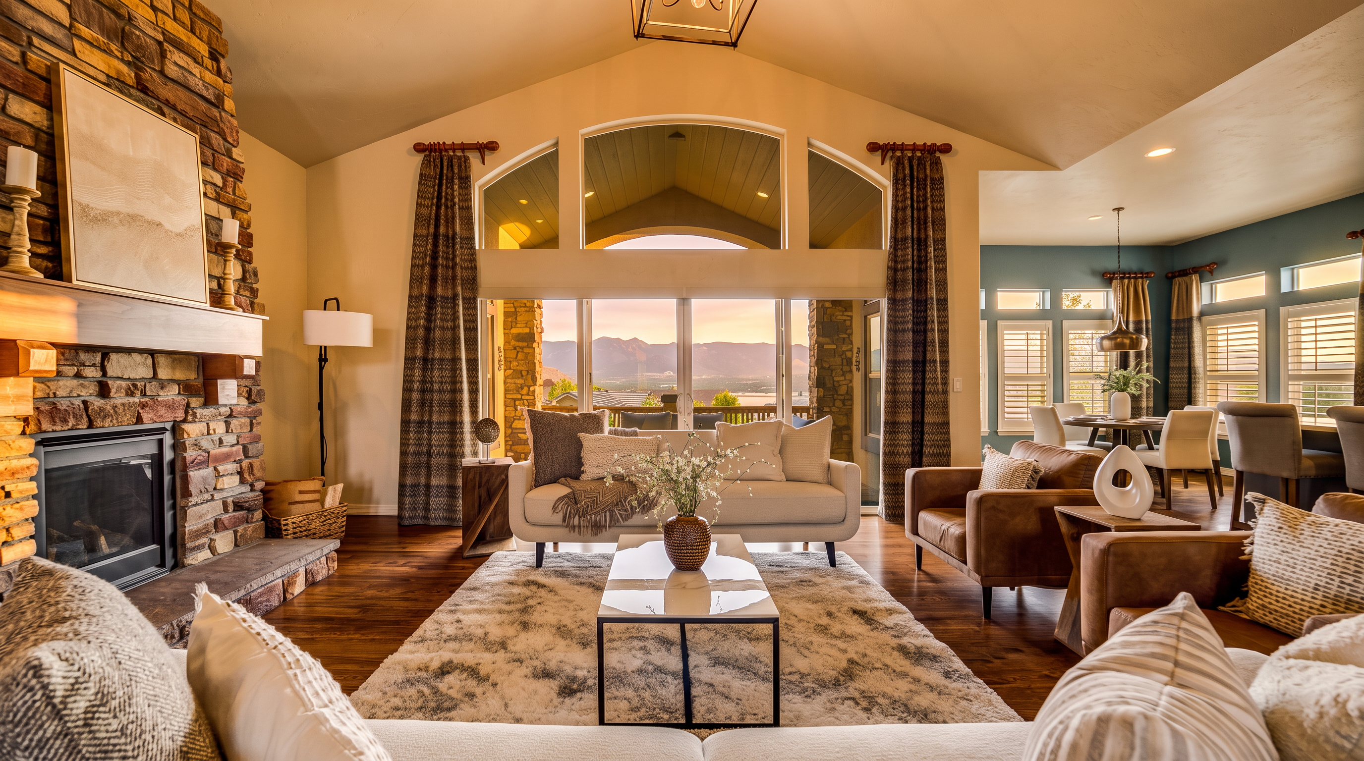 This spacious living room features a vaulted ceiling and a prominent stone-clad chimney breast that anchors the space. A large, multi-pane window configuration provides a clear view of the distant mountains, while a plush area rug sits beneath a modern coffee table and light-toned sofa. The open-concept design flows seamlessly into a dining area, creating an inviting and airy atmosphere.