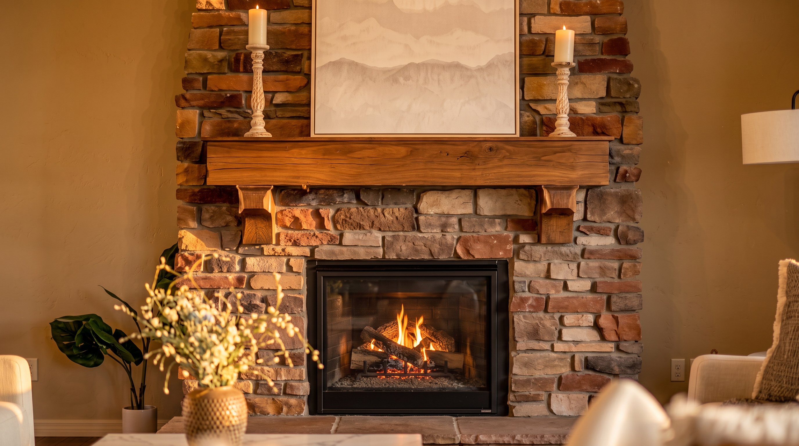 This cozy living room features a striking floor-to-ceiling stacked stone fireplace with a substantial natural wood mantel. The space is thoughtfully decorated with candle holders, abstract landscape artwork, and a nearby potted plant, creating a warm and inviting atmosphere. The design offers a perfect balance of rustic texture and contemporary comfort.