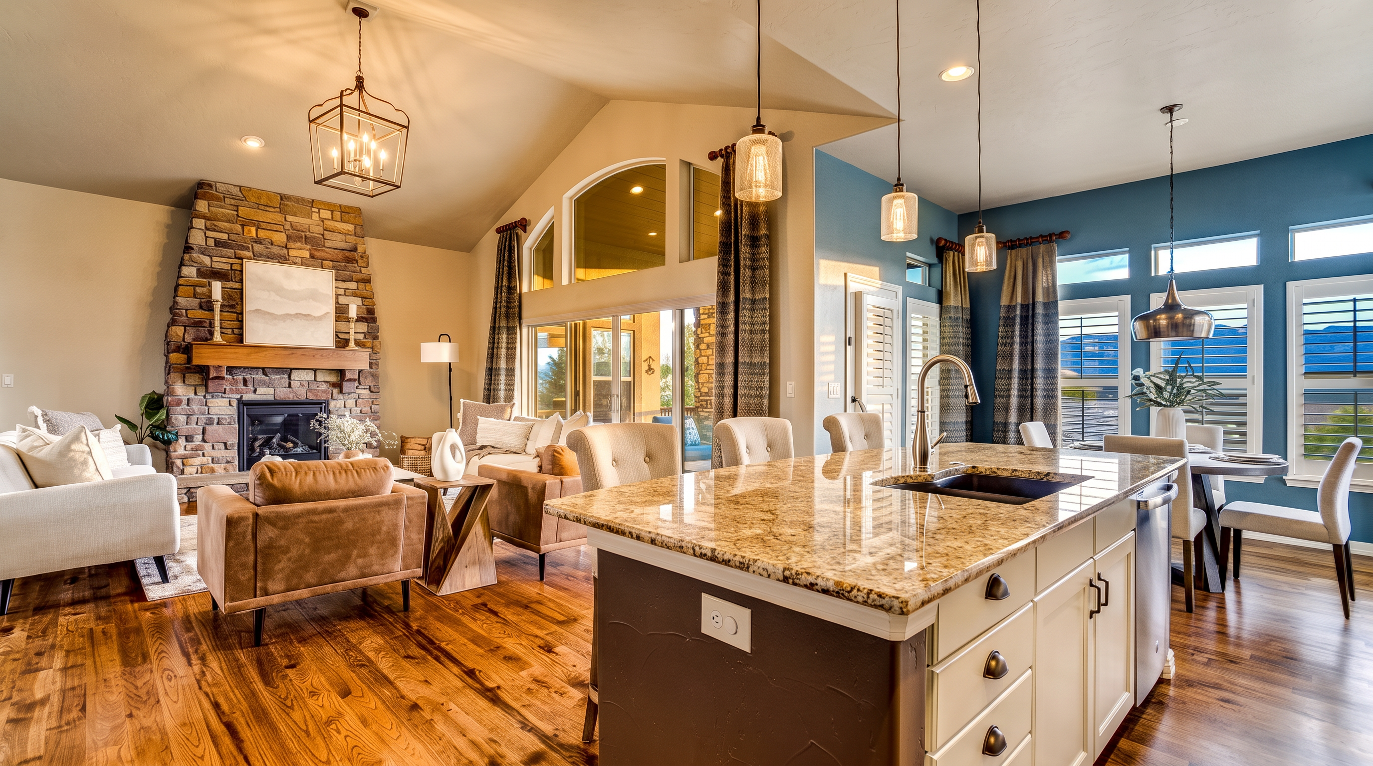This open-concept living space features a kitchen with a large central island topped with stone, complemented by light-colored cabinetry and dark hardware. The adjacent living area is anchored by a prominent stone-clad chimney breast and a wooden mantel, creating a warm and inviting atmosphere. Large windows and glass doors allow natural light to fill the room, highlighting the wood flooring and the transition between the kitchen and the comfortable seating area.