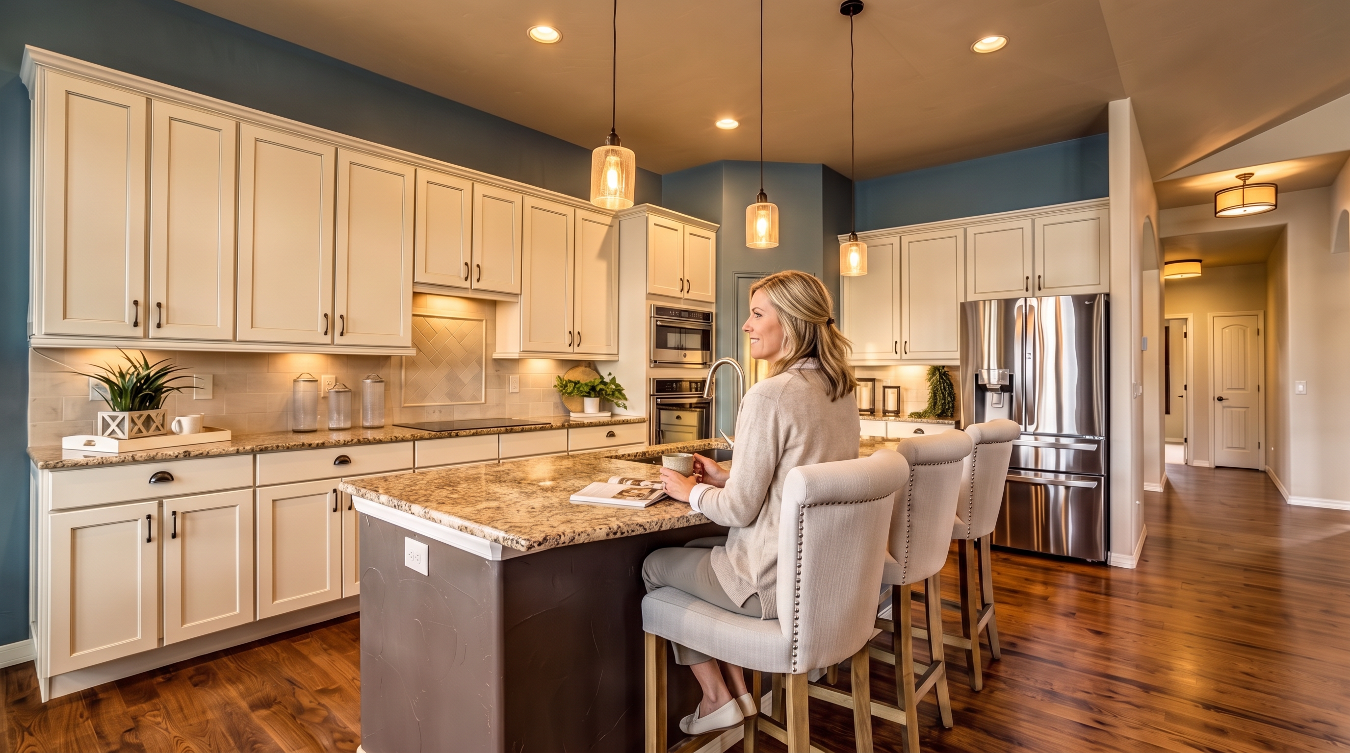 This bright and spacious kitchen features white cabinetry contrasted by a dark-toned kitchen island with stone countertops and three upholstered bar stools. The space is accented by blue wall paint, stainless steel appliances, and three glass pendant lights hanging over the island. The perspective is a wide-angle shot from the kitchen floor, showcasing the open layout and the warm wood flooring that extends into the adjacent hallway.