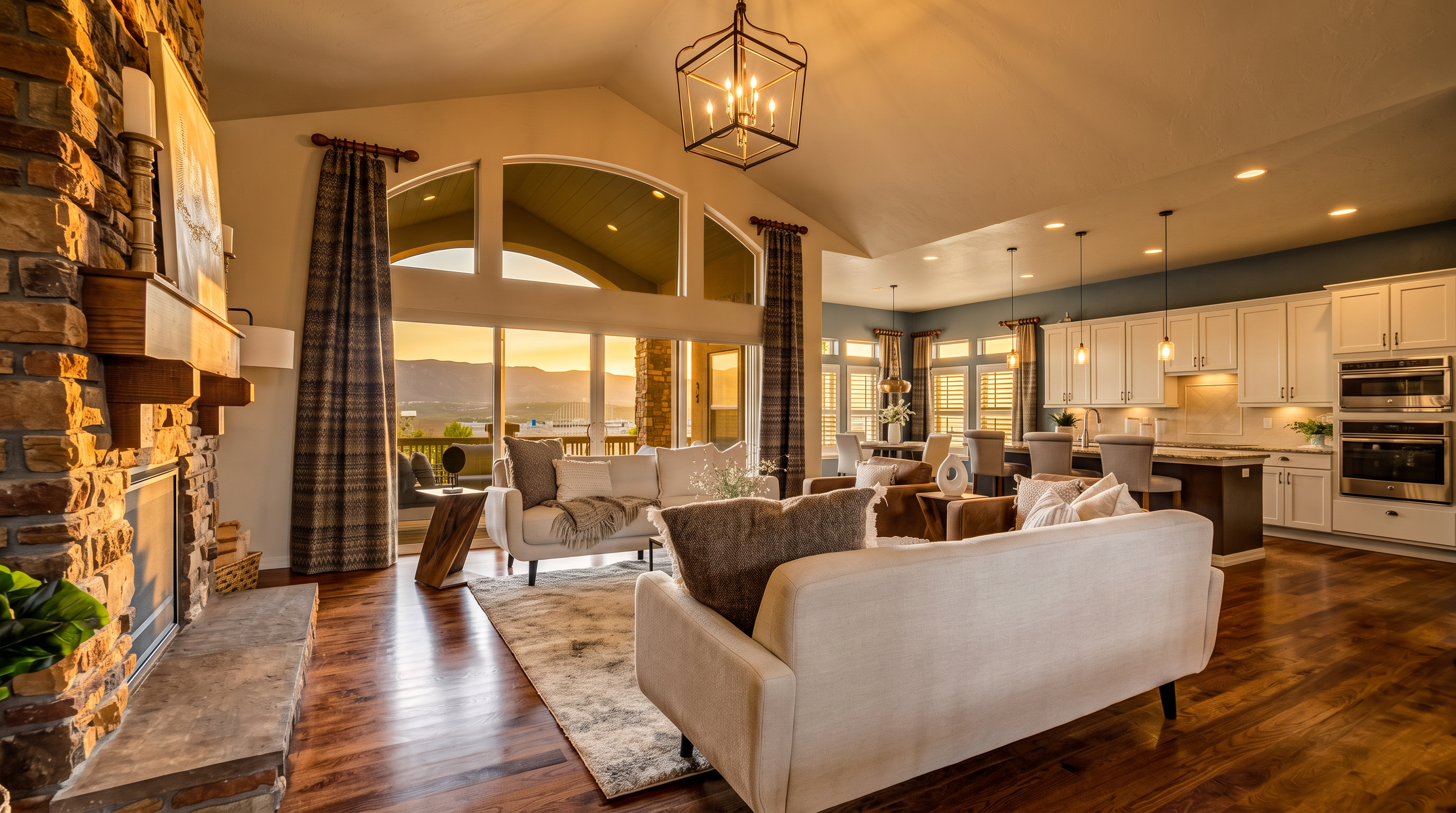 This open-concept living area features a vaulted ceiling and a prominent stone-clad chimney breast that anchors the space. Large windows and glass doors provide an expansive view of the mountains, while the room is furnished with comfortable seating arranged on a textured area rug. The adjacent kitchen, visible in the background, showcases white cabinetry and a breakfast bar, creating a cohesive and inviting atmosphere.