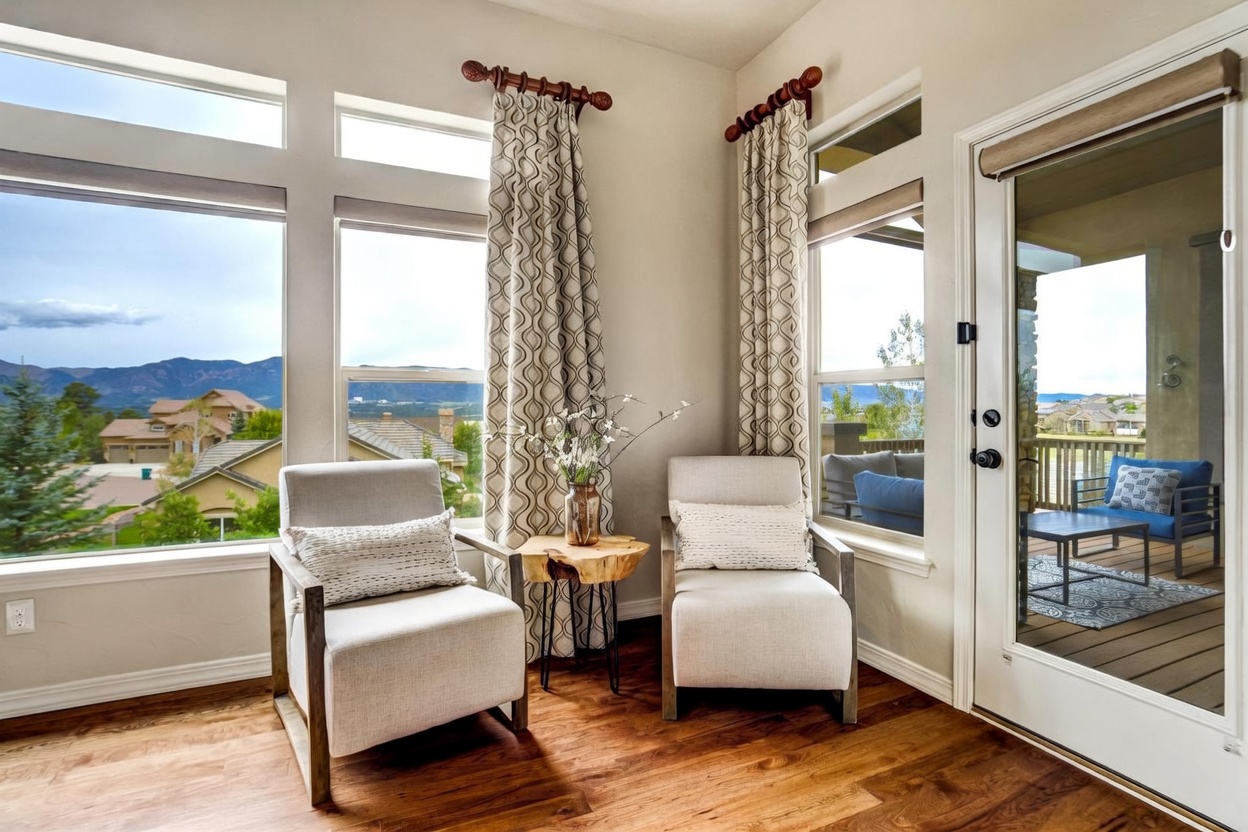 This bright seating area features two light-toned armchairs with textured lumbar pillows flanking a small, natural-edge wood side table. Large windows provide expansive views of the surrounding landscape and mountains, while patterned curtains add a decorative touch to the corner. A glass door leads out to a deck, creating a seamless transition between the indoor space and the outdoor living area.