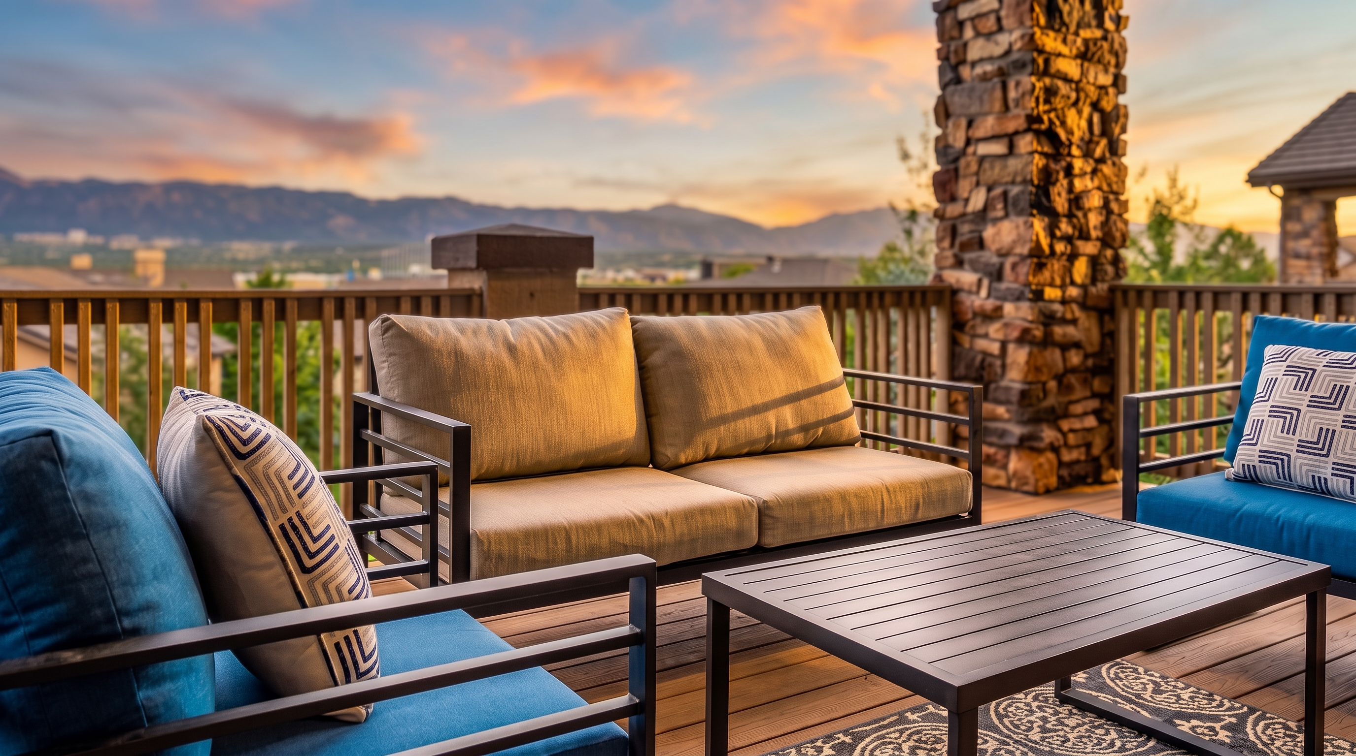 This outdoor deck features comfortable modern furniture with blue and tan cushions, set against a stunning mountain backdrop during sunset. The space is highlighted by a stone pillar, a wooden deck floor, and railings that provide a panoramic view, creating an inviting area for relaxation. The overall atmosphere is sophisticated and perfect for enjoying the scenic landscape.