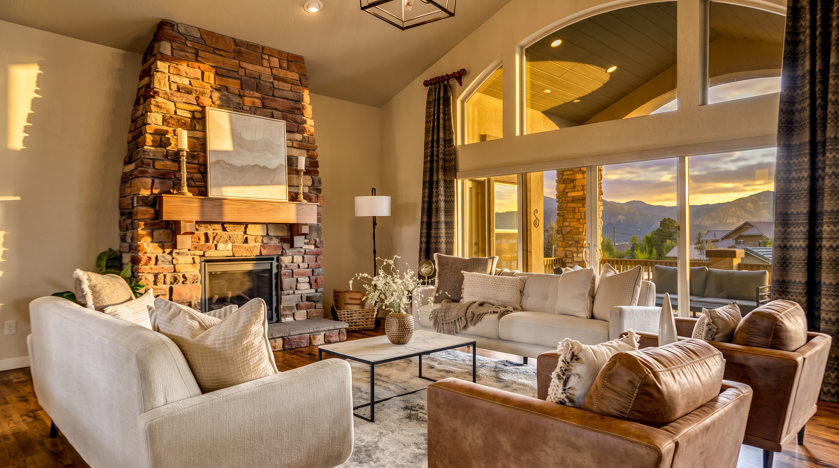 This spacious living room features a prominent stone-clad chimney breast with a wooden mantel and a large, light-toned sofa set arranged around a central marble-topped coffee table. The room is bathed in natural light from expansive windows that offer a scenic view of distant mountains. The warm, inviting atmosphere is enhanced by leather armchairs, a textured area rug, and a vaulted ceiling with a modern geometric chandelier.