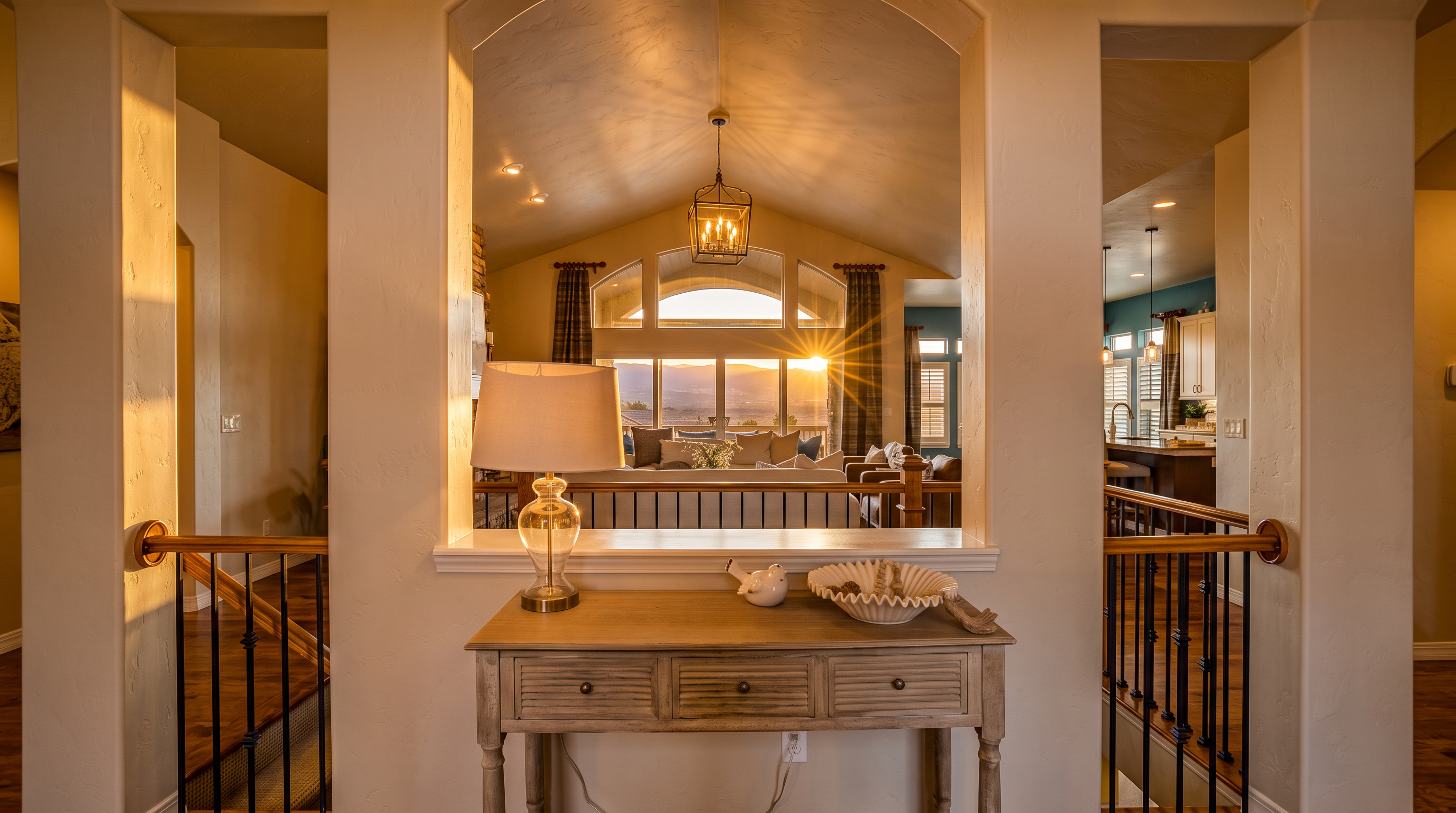 This view from a hallway features a decorative console table placed beneath a large arched opening that frames the living room beyond. The space is characterized by neutral walls, dark wood flooring, and wrought-iron railings flanking the stairs on either side. Through the arch, a vaulted ceiling and large windows provide a bright, open perspective of the distant landscape.
